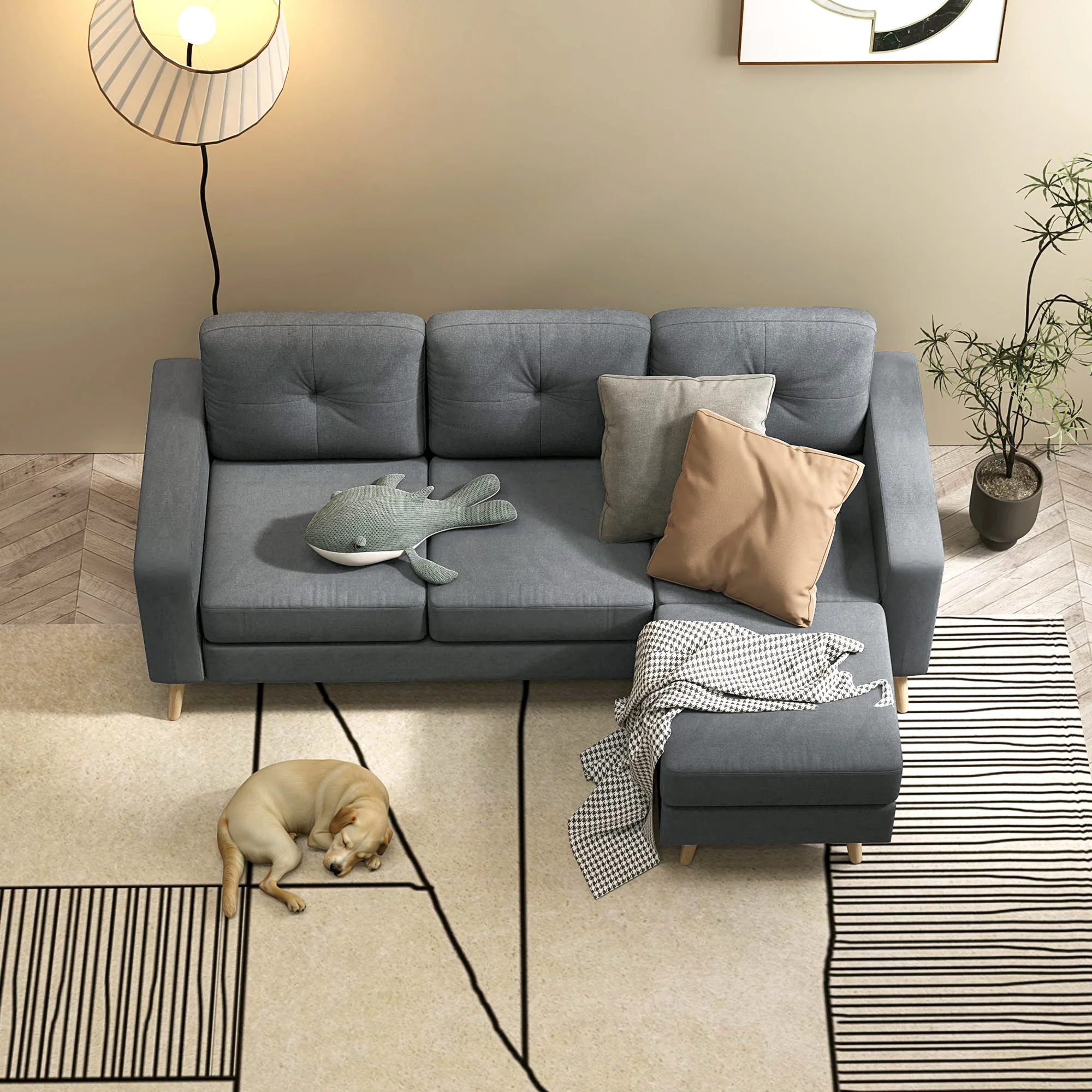 Canapé d'angle en tissu de lin, canapé 3 places, chaise longue reversible gauche ou droite, 193 cm, design scandinave, pour salon, appartement, petit espace, pieds en bois massif, gris foncé - Image 10