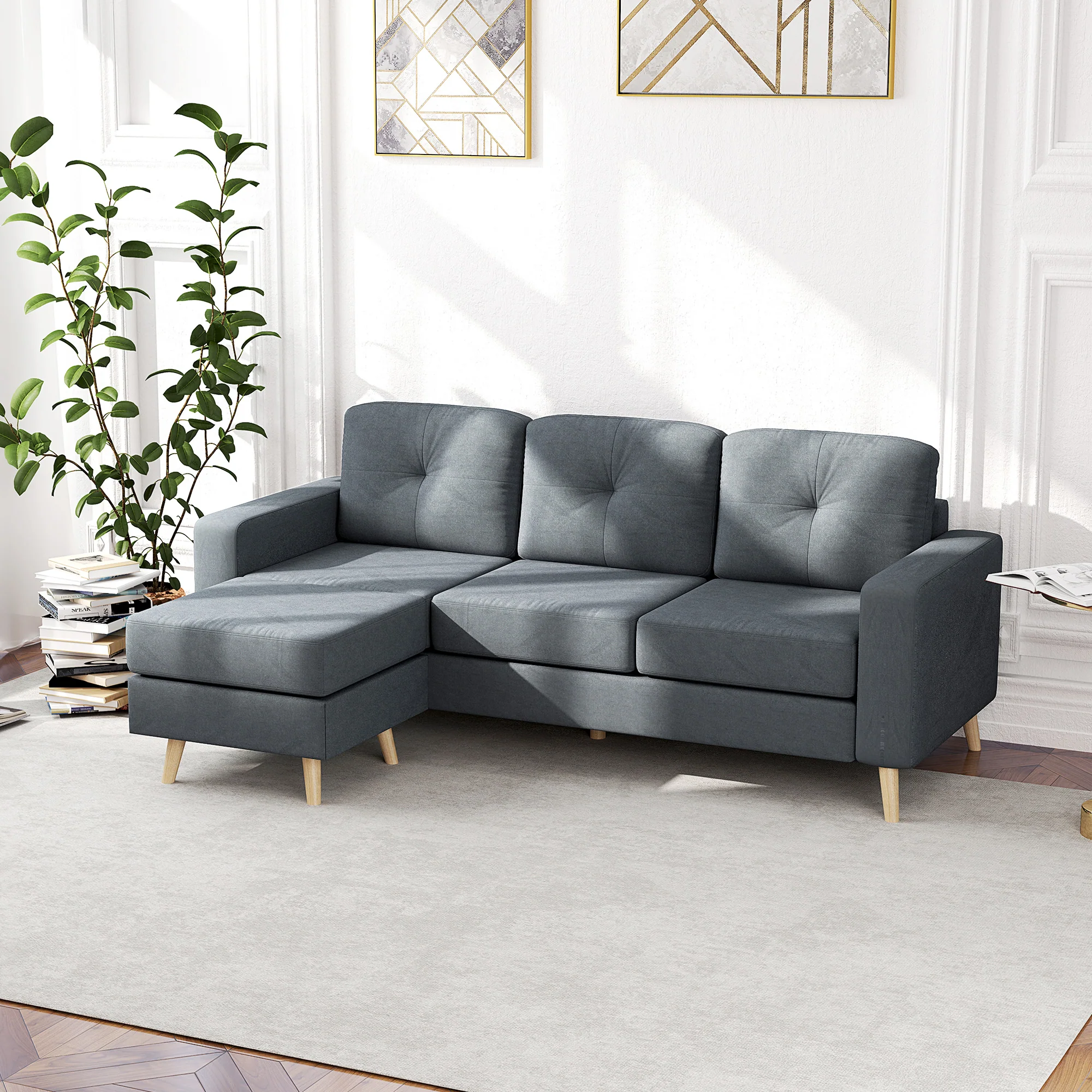Canapé d'angle en tissu de lin, canapé 3 places, chaise longue reversible gauche ou droite, 193 cm, design scandinave, pour salon, appartement, petit espace, pieds en bois massif, gris foncé - Image 3