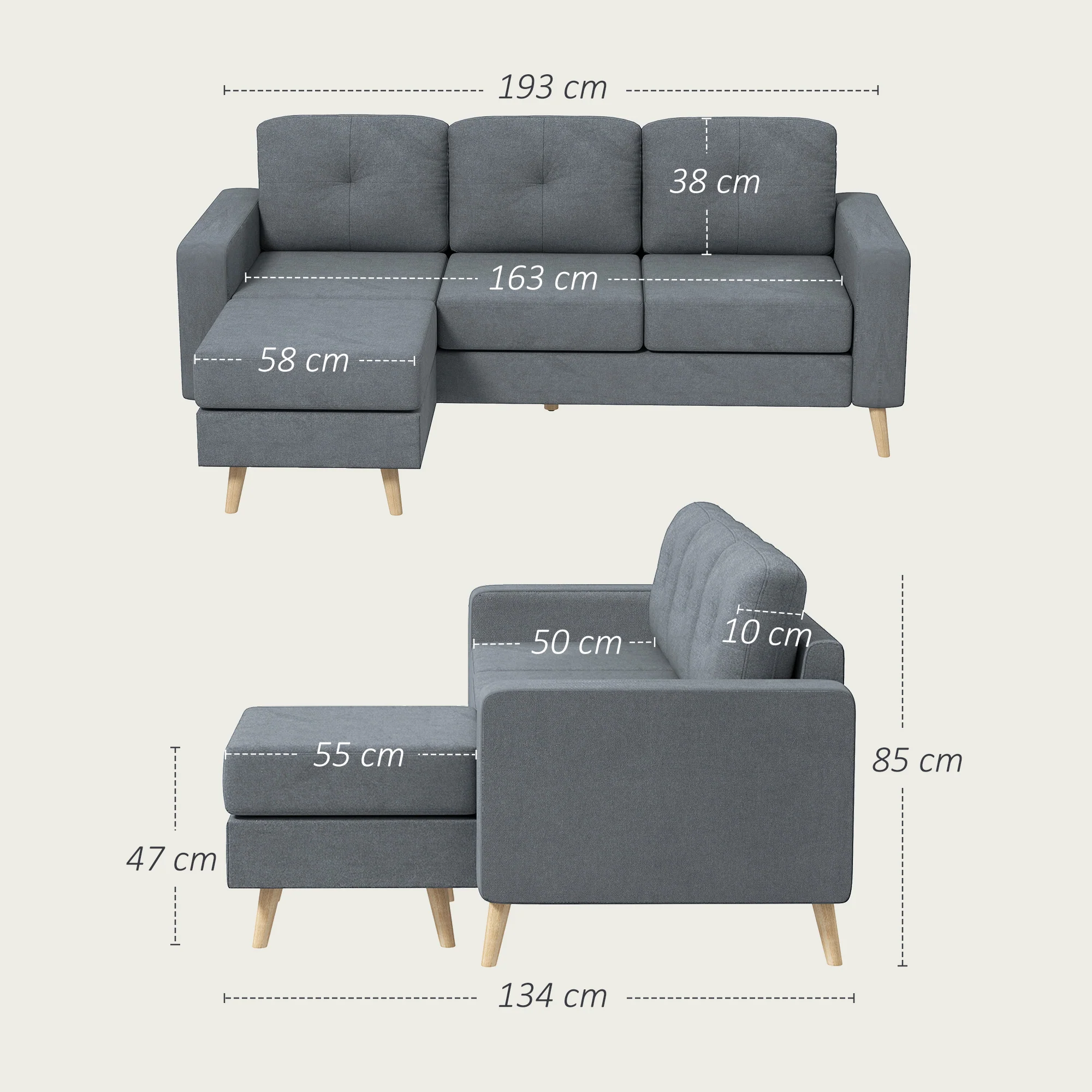 Canapé d'angle en tissu de lin, canapé 3 places, chaise longue reversible gauche ou droite, 193 cm, design scandinave, pour salon, appartement, petit espace, pieds en bois massif, gris foncé - Image 4