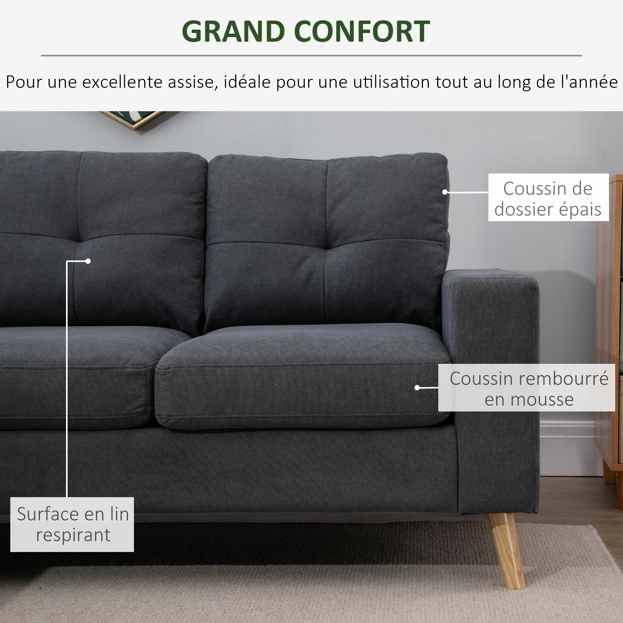 Canapé d'angle en tissu de lin, canapé 3 places, chaise longue reversible gauche ou droite, 193 cm, design scandinave, pour salon, appartement, petit espace, pieds en bois massif, gris foncé - Image 5