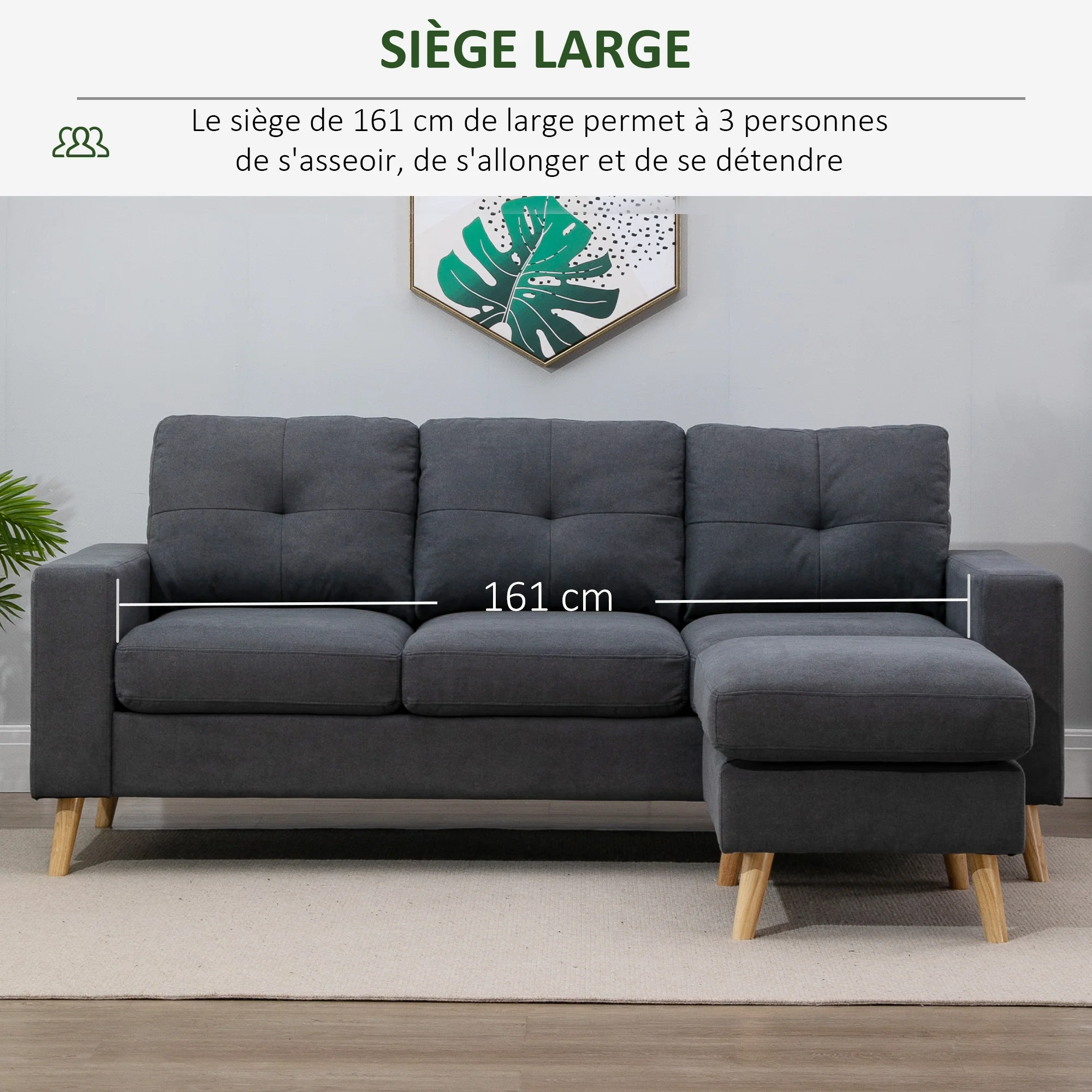 Canapé d'angle en tissu de lin, canapé 3 places, chaise longue reversible gauche ou droite, 193 cm, design scandinave, pour salon, appartement, petit espace, pieds en bois massif, gris foncé - Image 6