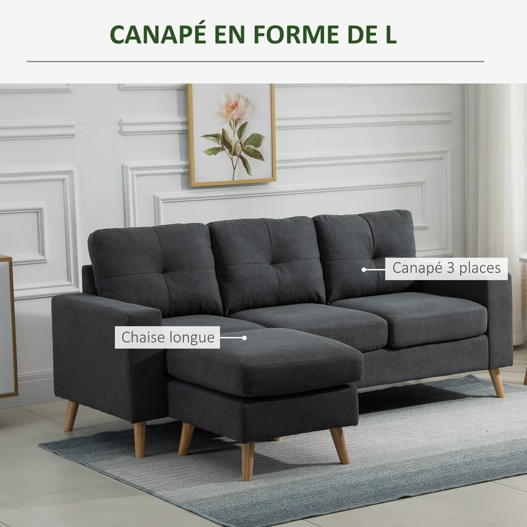 Canapé d'angle en tissu de lin, canapé 3 places, chaise longue reversible gauche ou droite, 193 cm, design scandinave, pour salon, appartement, petit espace, pieds en bois massif, gris foncé - Image 7