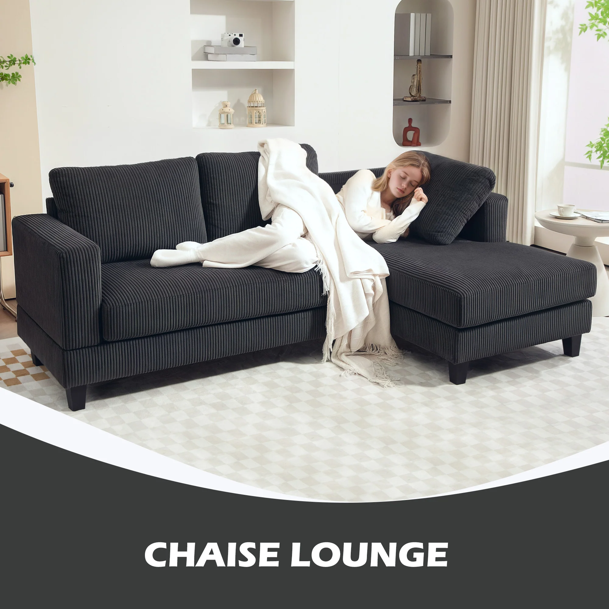 Canapé d'angle en velours côtelé, canapé 3 places avec méridienne et coussin à ressorts épais, largeur 214 cm, design moderne, charge jusqu'à 400 Kg, pour salon, appartement, gris foncé - Image 5