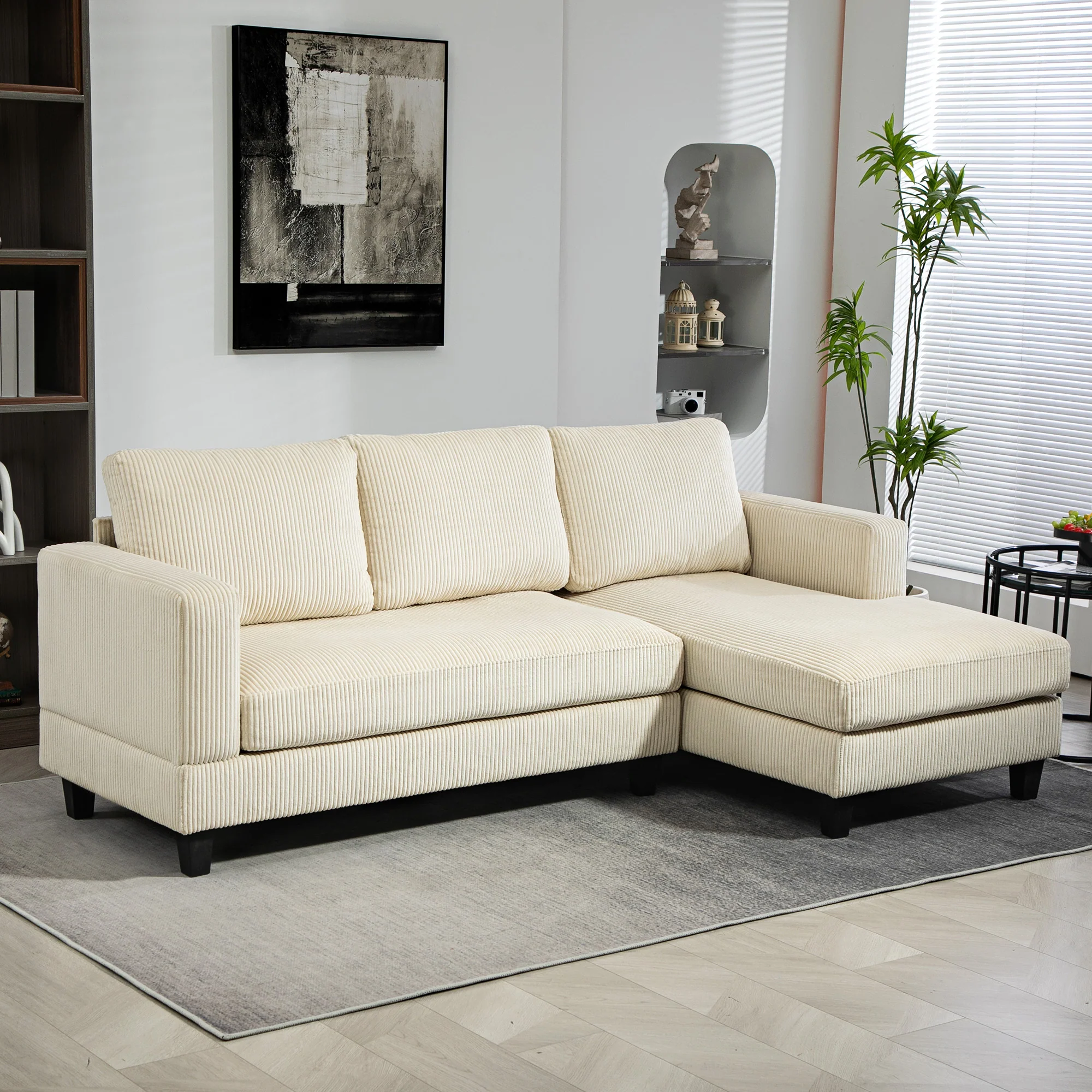 Canapé d'angle en velours c?telé canapé 3 places avec méridienne et coussin à ressorts épais, largeur 214 cm, design moderne, charge jusqu'à 400 Kg, pour salon, appartement, beige - Image 3