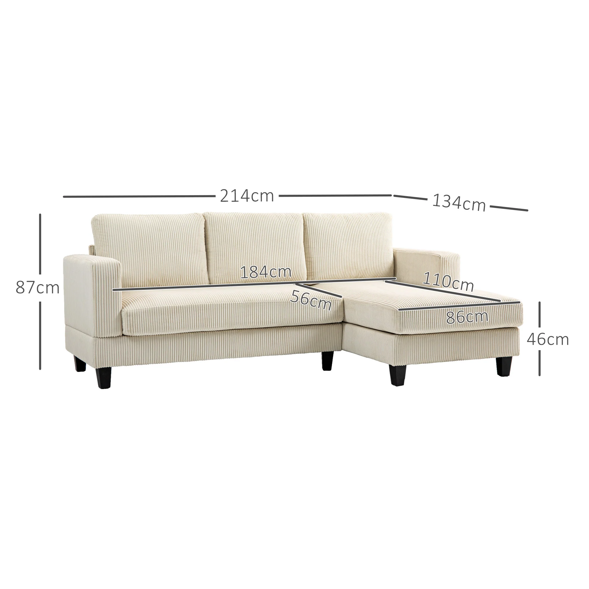 Canapé d'angle en velours c?telé canapé 3 places avec méridienne et coussin à ressorts épais, largeur 214 cm, design moderne, charge jusqu'à 400 Kg, pour salon, appartement, beige - Image 4