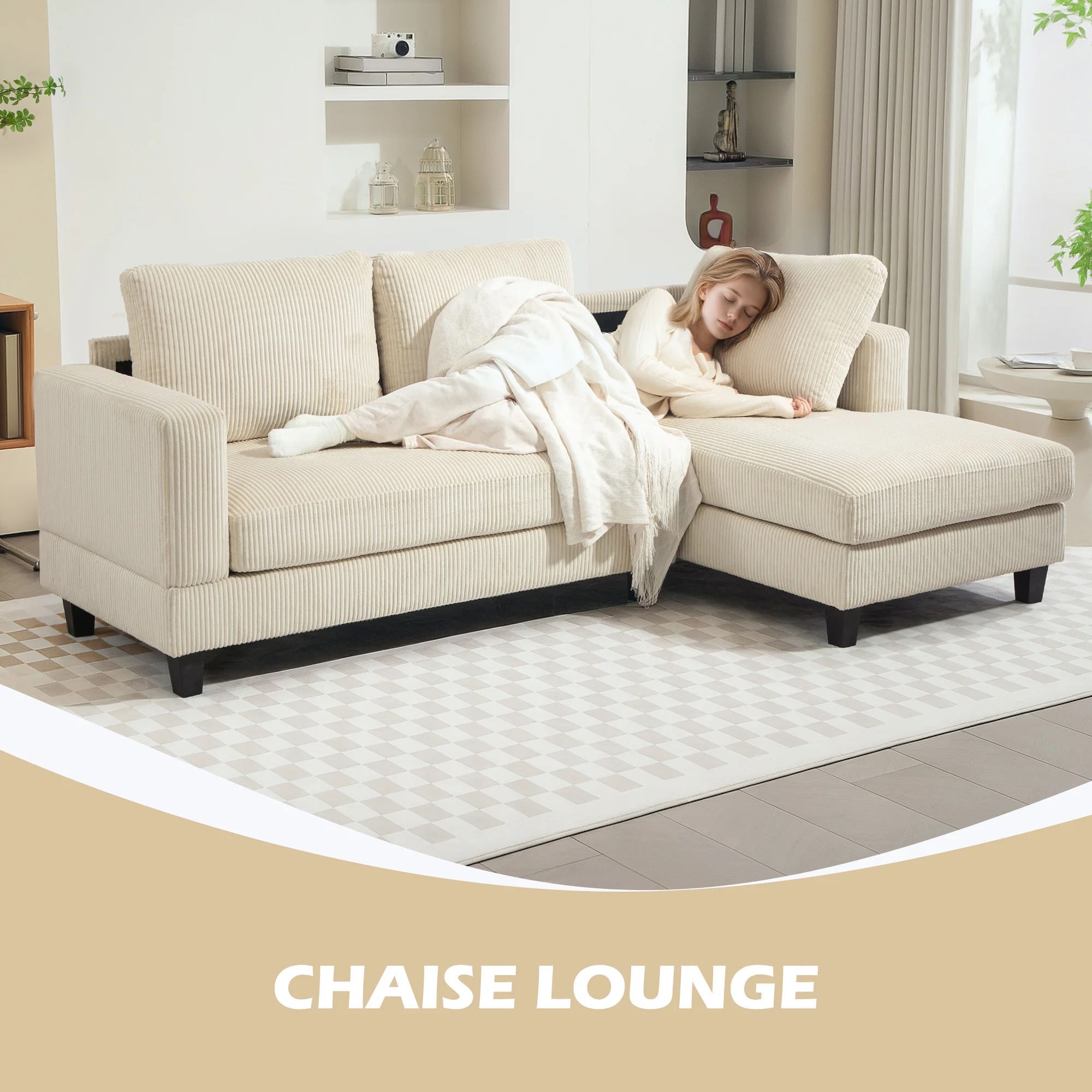 Canapé d'angle en velours c?telé canapé 3 places avec méridienne et coussin à ressorts épais, largeur 214 cm, design moderne, charge jusqu'à 400 Kg, pour salon, appartement, beige - Image 5