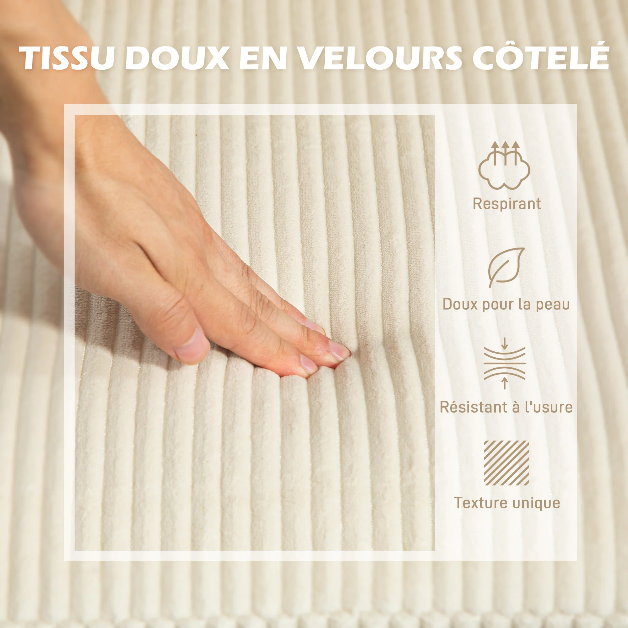 Canapé d'angle en velours c?telé canapé 3 places avec méridienne et coussin à ressorts épais, largeur 214 cm, design moderne, charge jusqu'à 400 Kg, pour salon, appartement, beige - Image 7