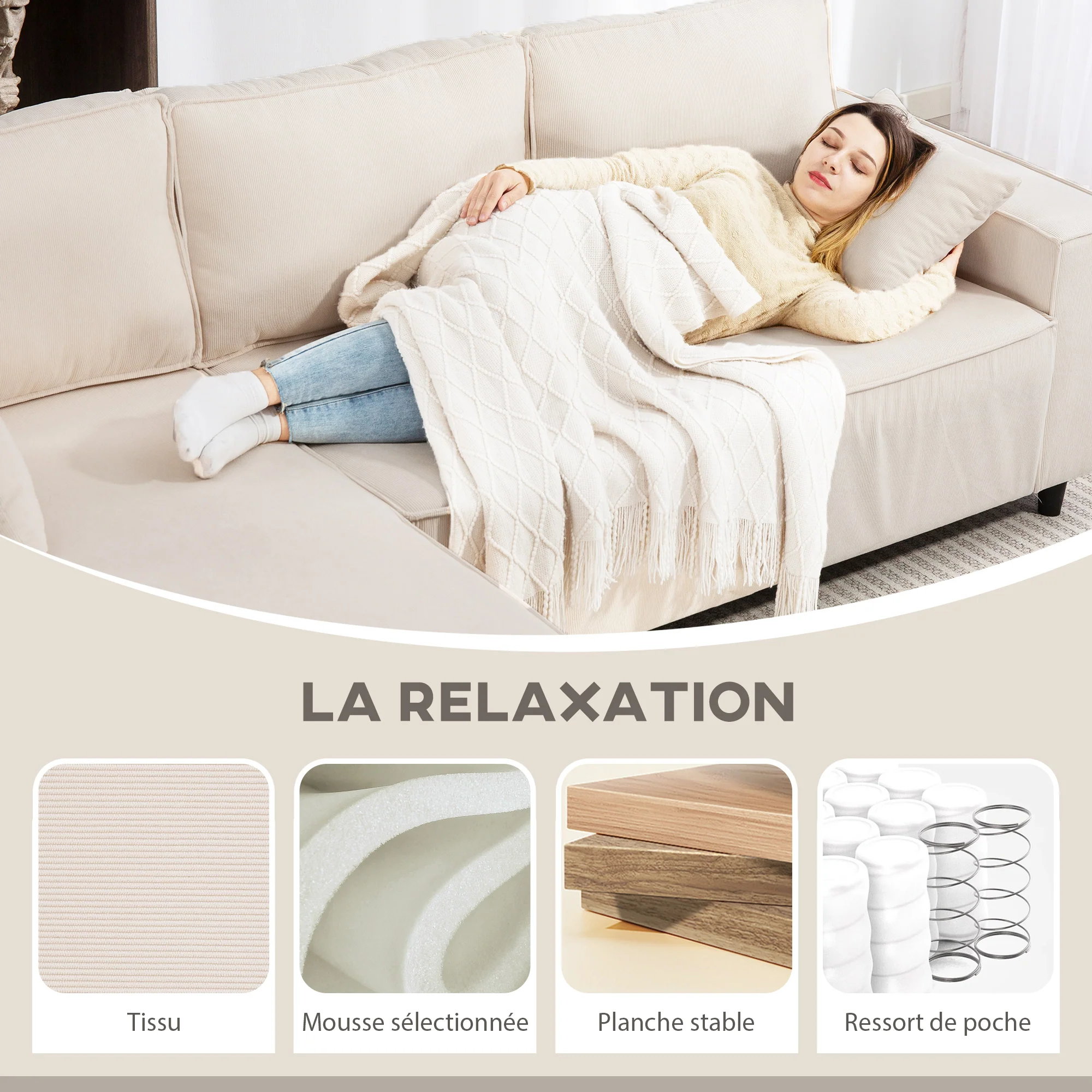Canapé d'angle réversible velours côtelé, 241x153x83cm, canapé 3 places en L avec coussin à ressorts, charge 450Kg, style moderne, pour salon, chambre, crème - Image 6