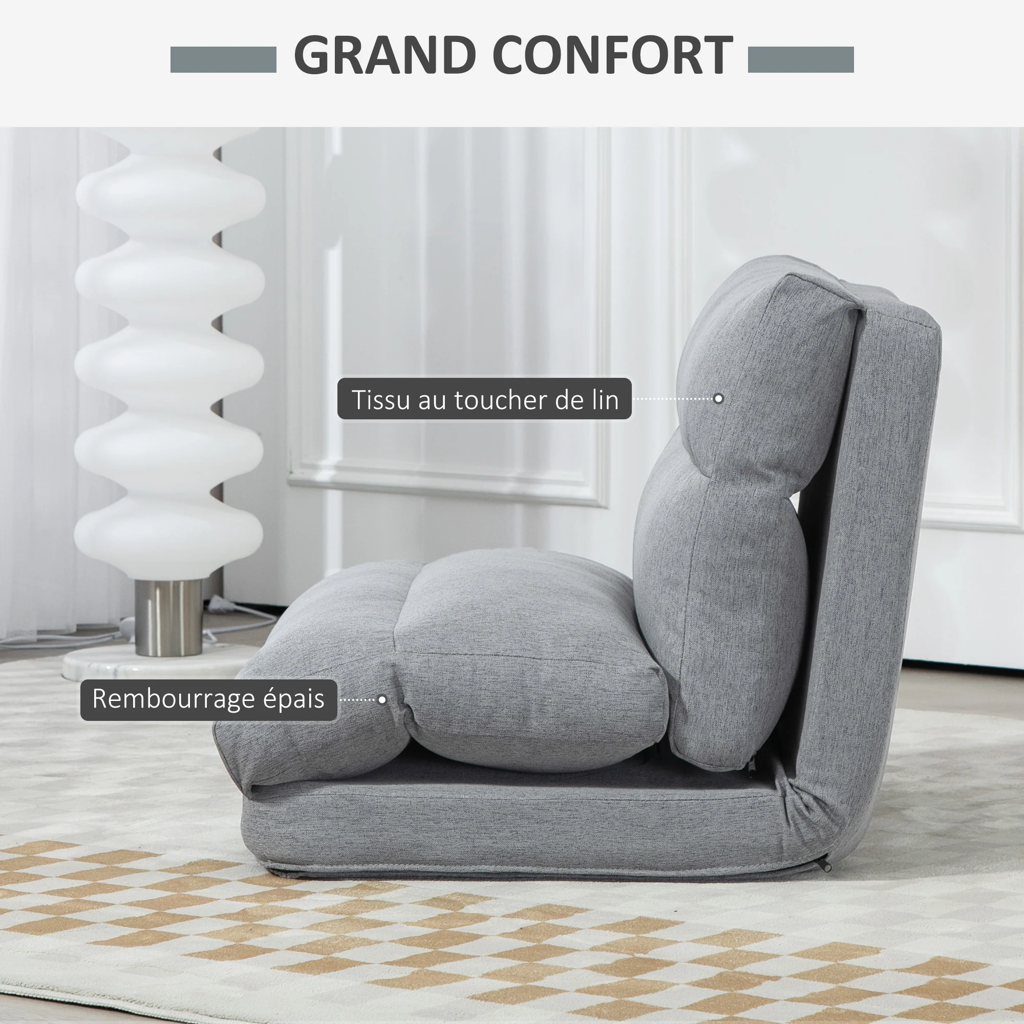 Canapé paresseux chauffeuse 1 place fauteuil paresseux convertible en lit fauteuil salon avec dossier inclinable sur 5 positions, charge 120 Kg, pour salon chambre et bureau, 70x72x56 cm, gris - Image 7