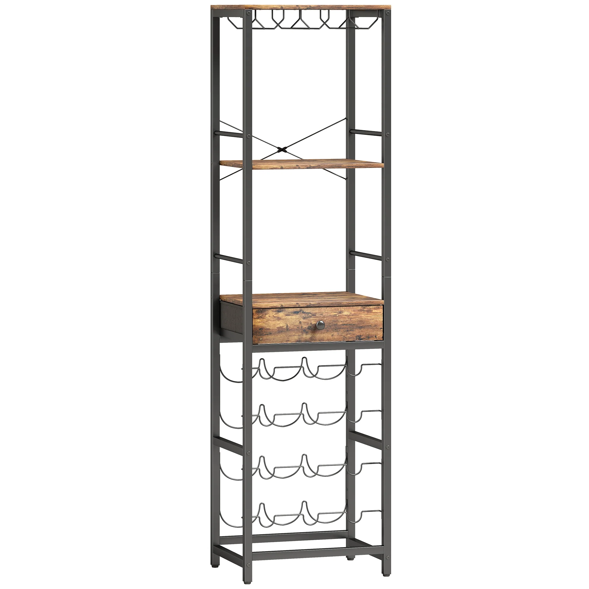 Casier à bouteilles pour 12 bouteilles, casier à vin avec étagère ouverte et tiroir, style industriel, étagère à vin en métal pour cuisine, salon, bar, 40 x 30 x 148 cm, brun rustique - Image 2