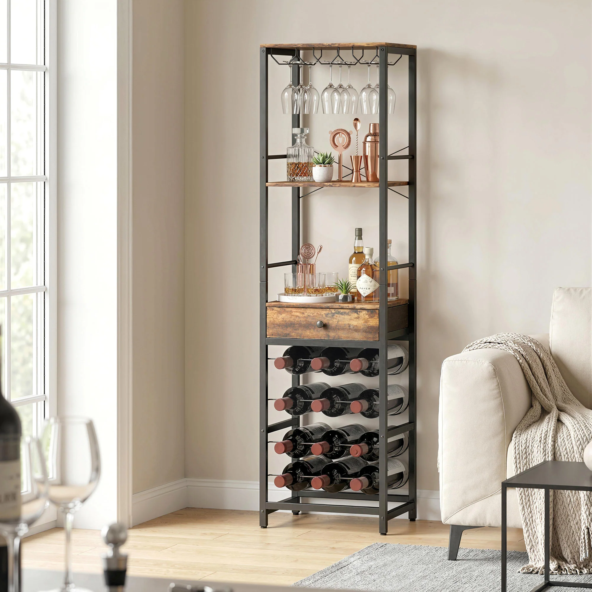 Casier à bouteilles pour 12 bouteilles, casier à vin avec étagère ouverte et tiroir, style industriel, étagère à vin en métal pour cuisine, salon, bar, 40 x 30 x 148 cm, brun rustique - Image 3