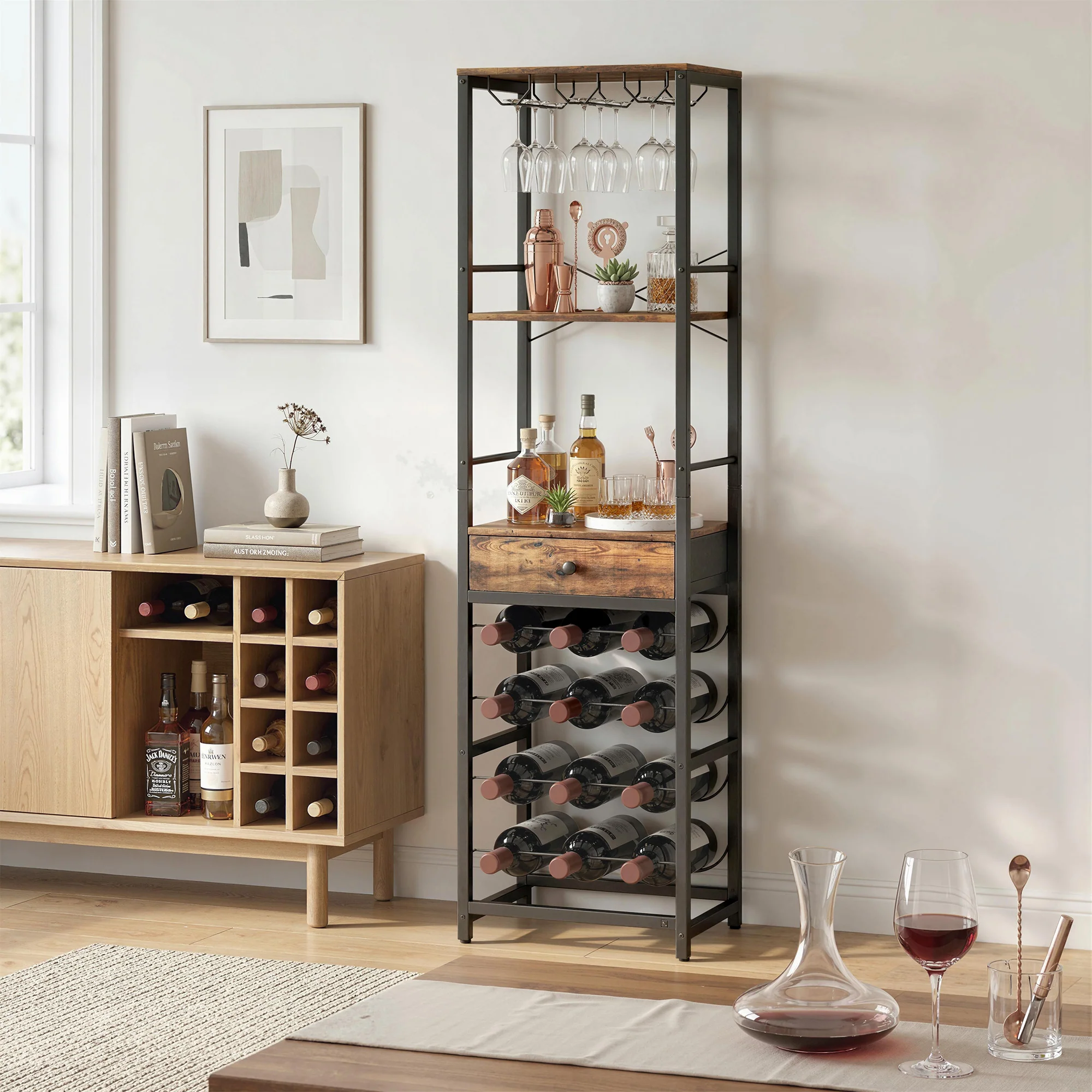 Casier à bouteilles pour 12 bouteilles, casier à vin avec étagère ouverte et tiroir, style industriel, étagère à vin en métal pour cuisine, salon, bar, 40 x 30 x 148 cm, brun rustique - Image 5