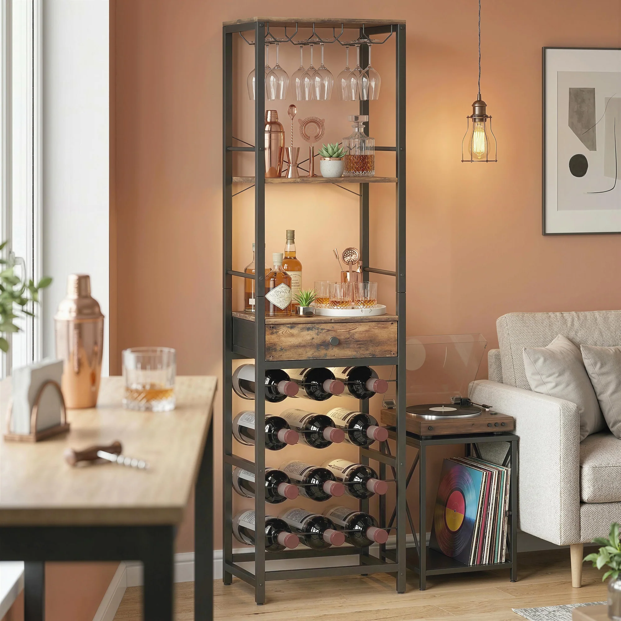 Casier à bouteilles pour 12 bouteilles, casier à vin avec étagère ouverte et tiroir, style industriel, étagère à vin en métal pour cuisine, salon, bar, 40 x 30 x 148 cm, brun rustique - Image 6