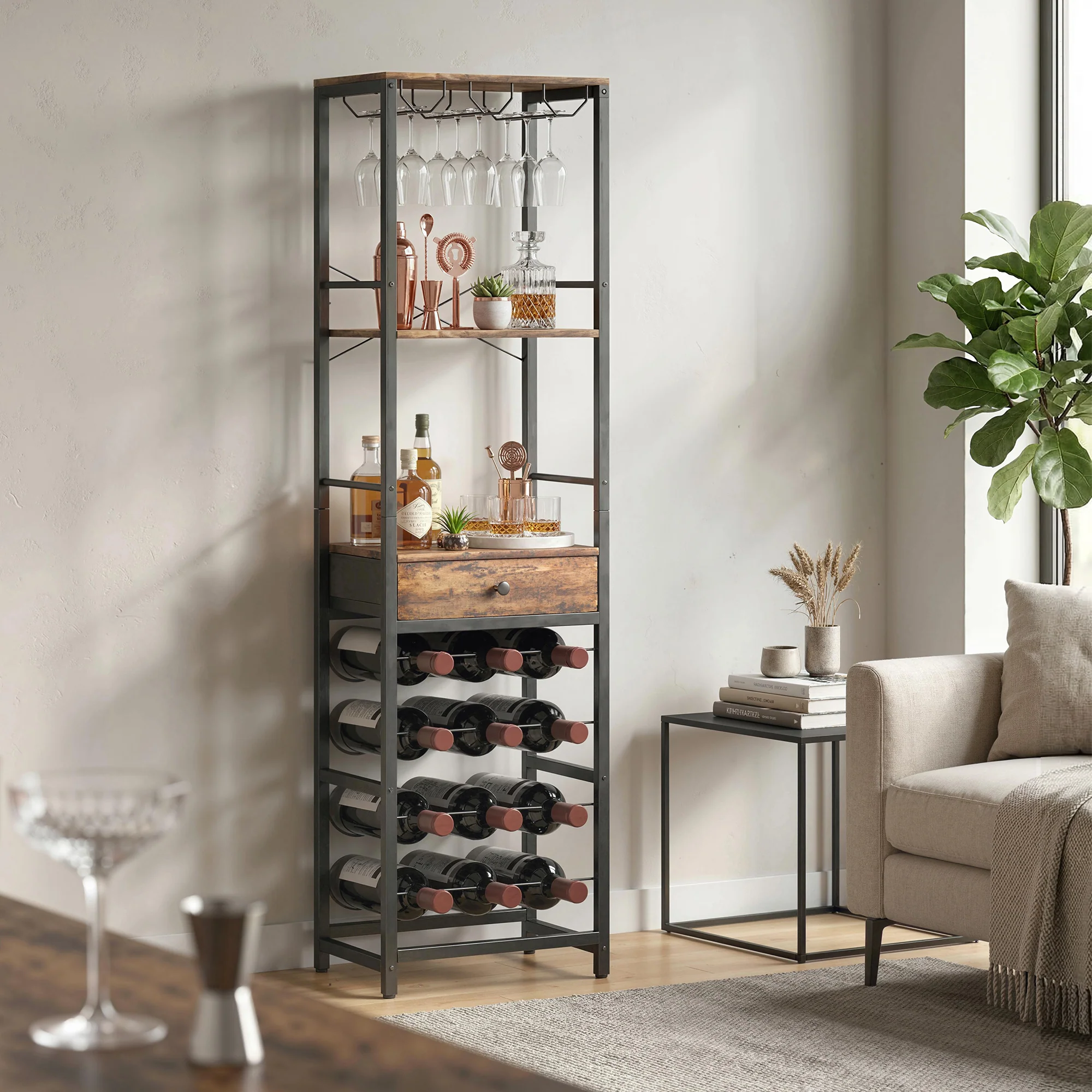 Casier à bouteilles pour 12 bouteilles, casier à vin avec étagère ouverte et tiroir, style industriel, étagère à vin en métal pour cuisine, salon, bar, 40 x 30 x 148 cm, brun rustique - Image 7