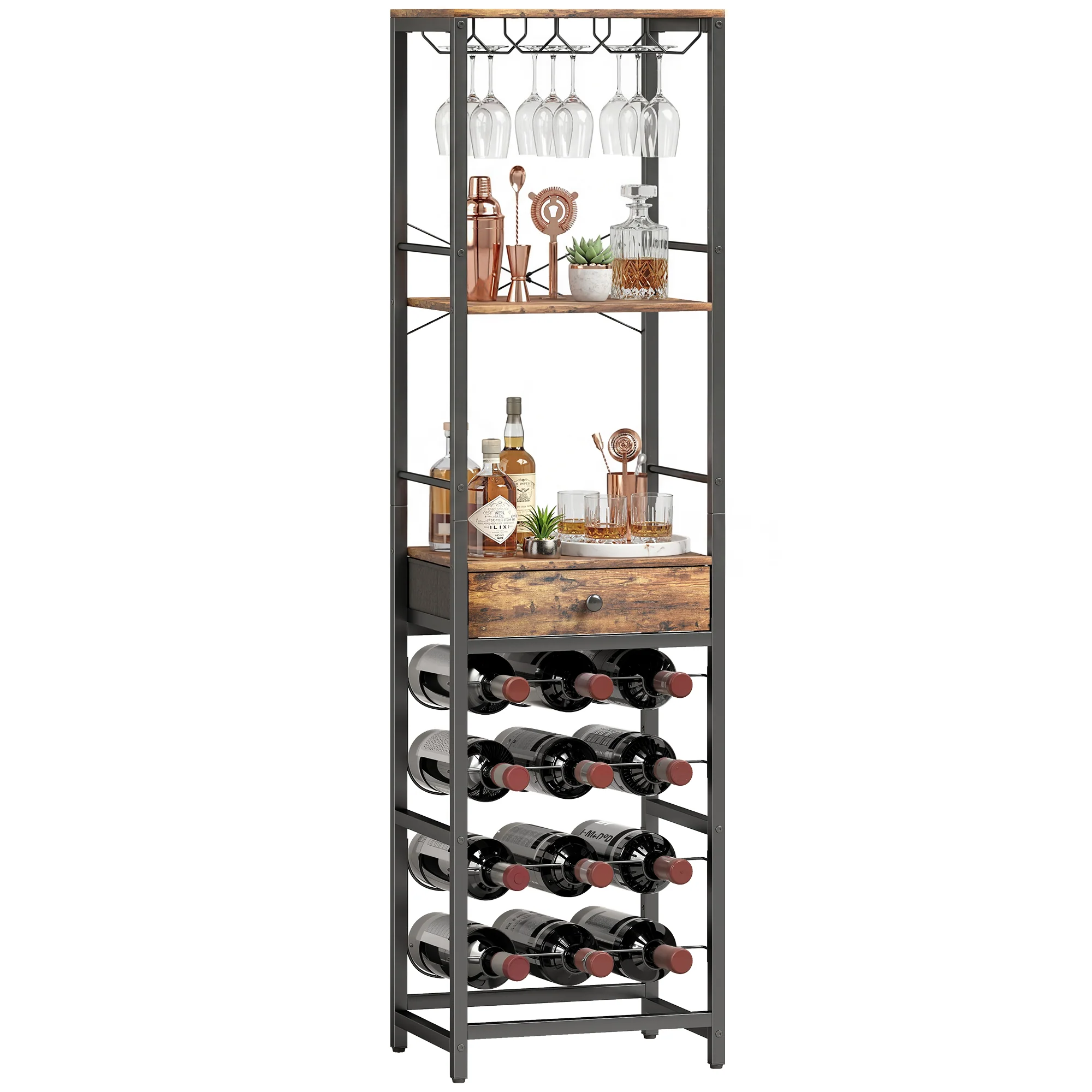 Casier à bouteilles pour 12 bouteilles, casier à vin avec étagère ouverte et tiroir, style industriel, étagère à vin en métal pour cuisine, salon, bar, 40 x 30 x 148 cm, brun rustique - Image 8