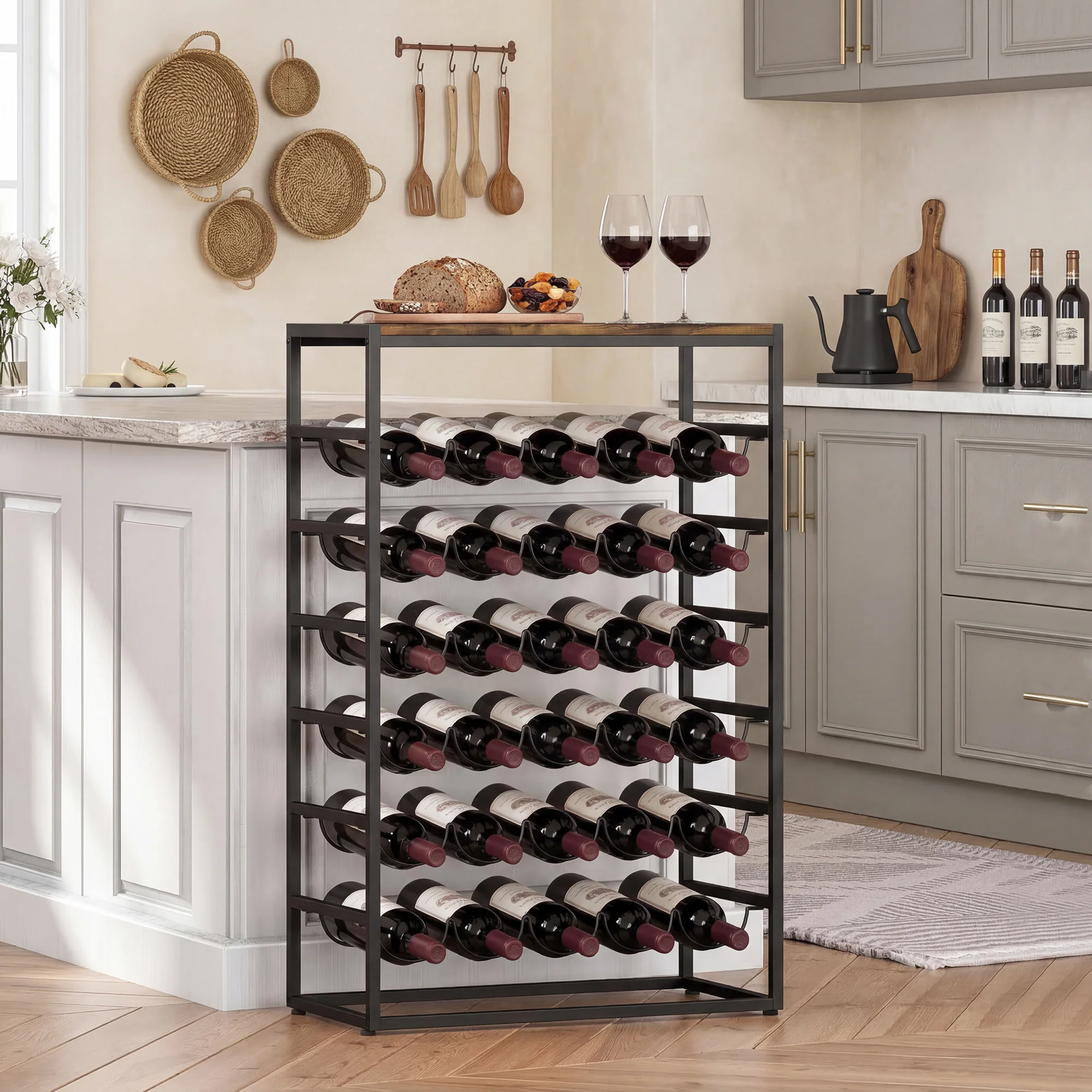 Casier à bouteilles pour 30 bouteilles, étagère à vin avec 6 niveaux avec plateau effet bois, style industriel, casier à vin en métal, pour cave, bars, sous-sols, 59x30x88,5cm, brun rustique - Image 3