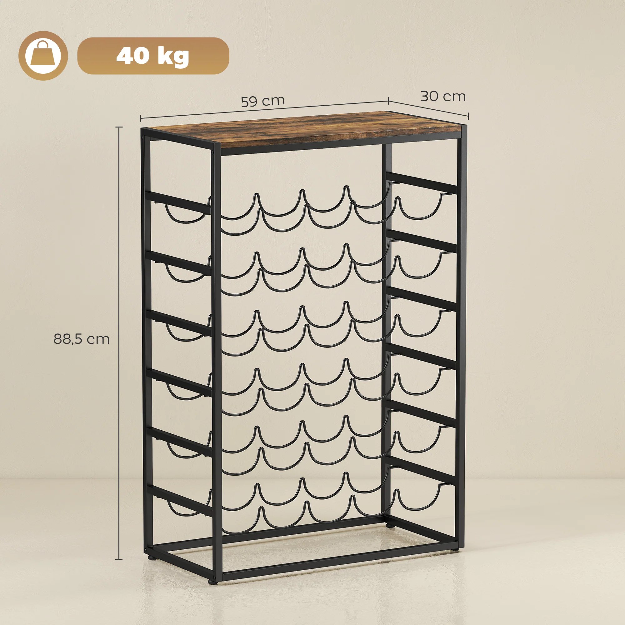 Casier à bouteilles pour 30 bouteilles, étagère à vin avec 6 niveaux avec plateau effet bois, style industriel, casier à vin en métal, pour cave, bars, sous-sols, 59x30x88,5cm, brun rustique - Image 4