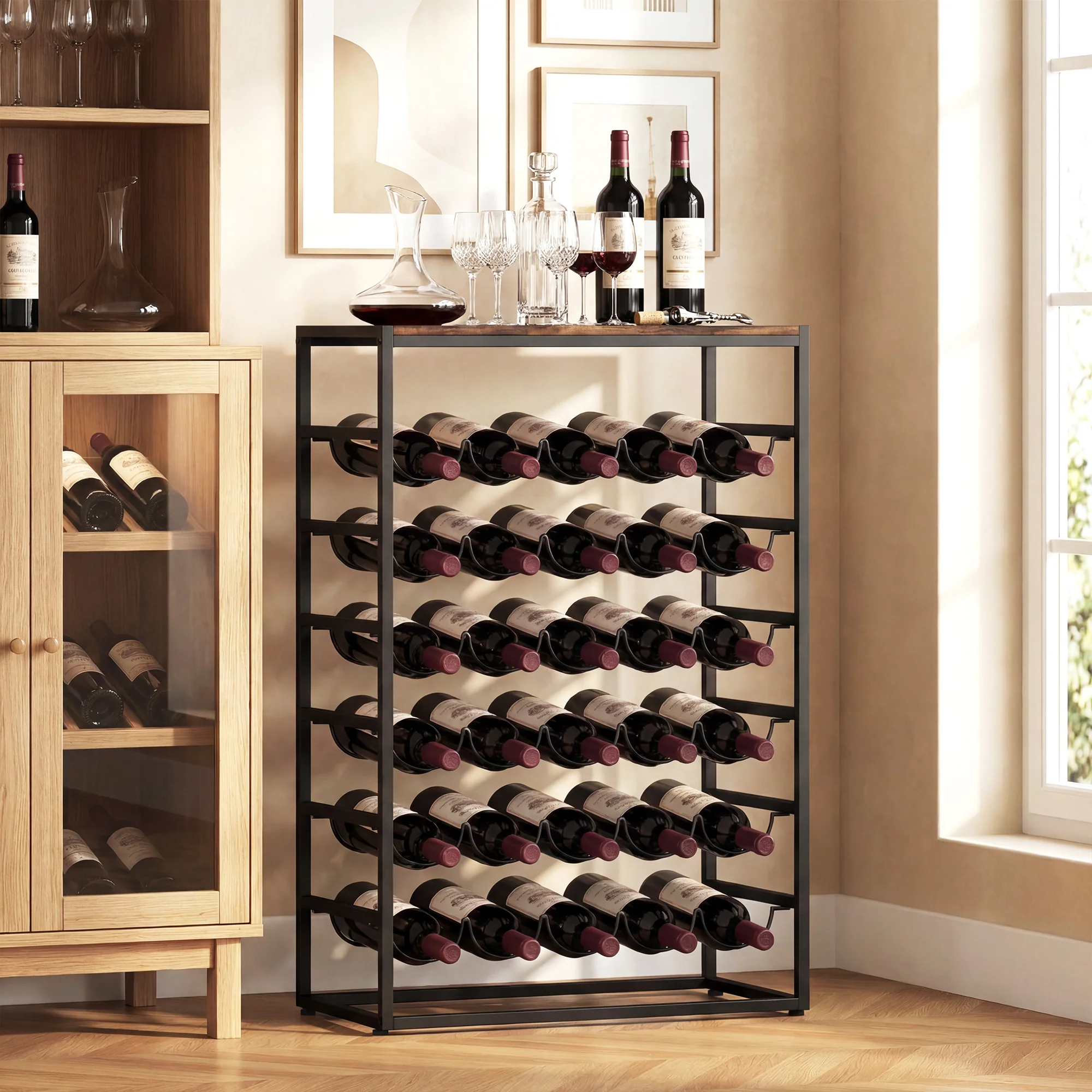 Casier à bouteilles pour 30 bouteilles, étagère à vin avec 6 niveaux avec plateau effet bois, style industriel, casier à vin en métal, pour cave, bars, sous-sols, 59x30x88,5cm, brun rustique - Image 5