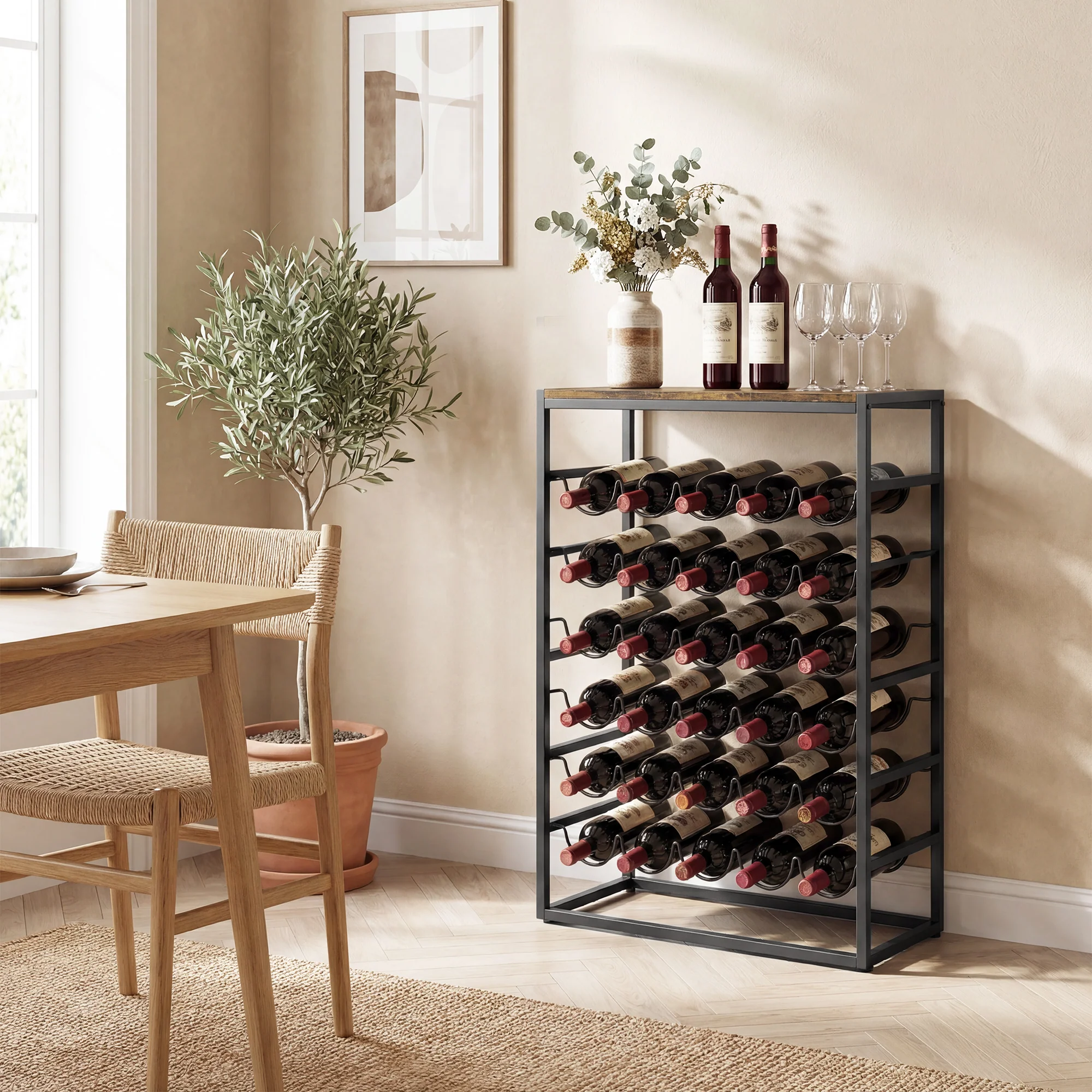 Casier à bouteilles pour 30 bouteilles, étagère à vin avec 6 niveaux avec plateau effet bois, style industriel, casier à vin en métal, pour cave, bars, sous-sols, 59x30x88,5cm, brun rustique - Image 6