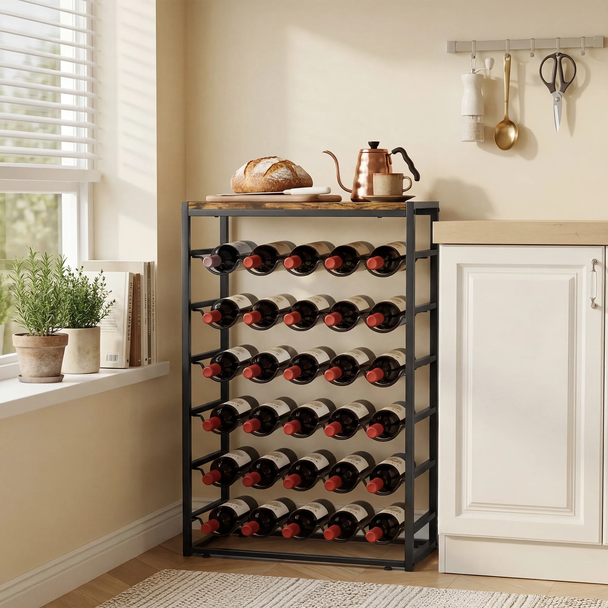 Casier à bouteilles pour 30 bouteilles, étagère à vin avec 6 niveaux avec plateau effet bois, style industriel, casier à vin en métal, pour cave, bars, sous-sols, 59x30x88,5cm, brun rustique - Image 7