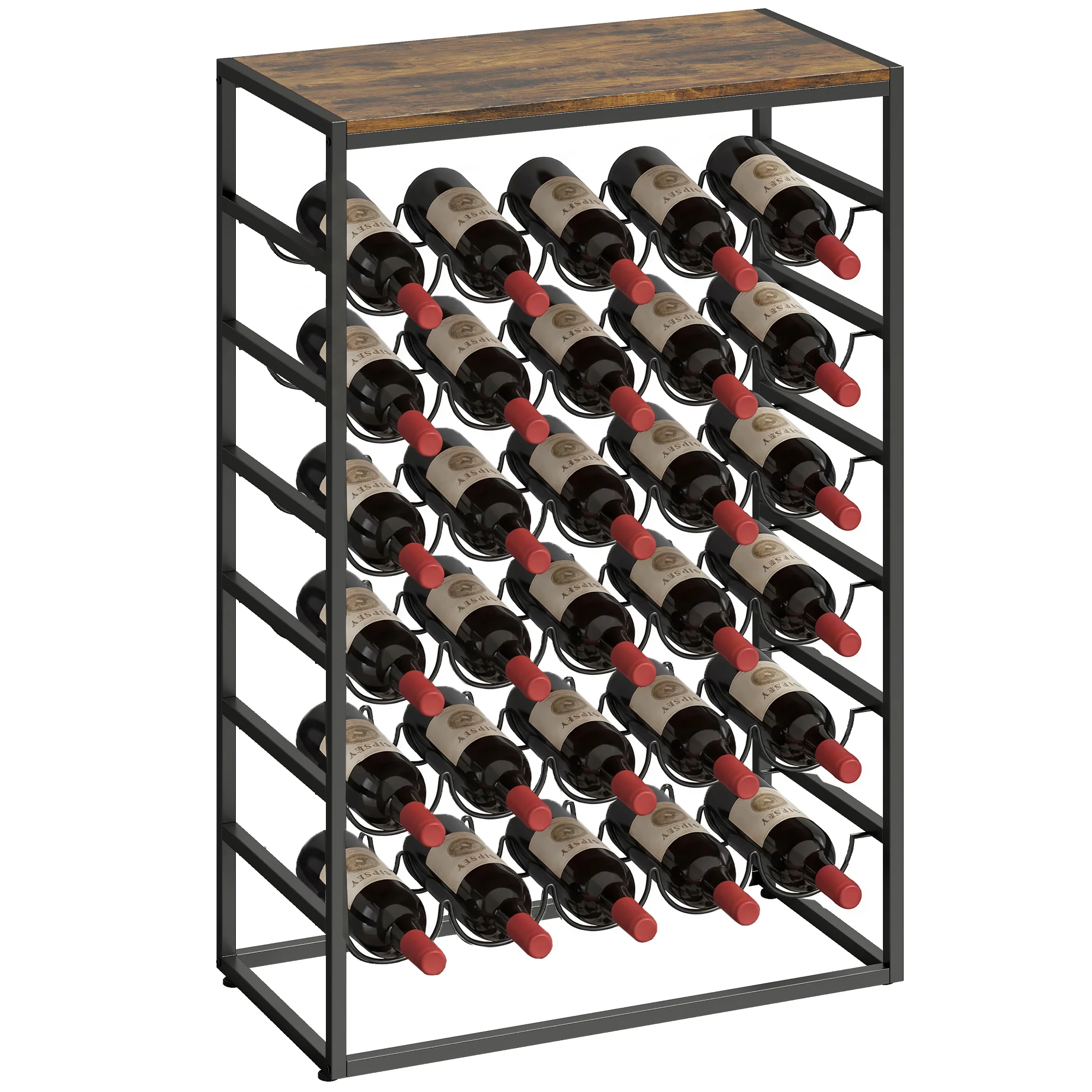 Casier à bouteilles pour 30 bouteilles, étagère à vin avec 6 niveaux avec plateau effet bois, style industriel, casier à vin en métal, pour cave, bars, sous-sols, 59x30x88,5cm, brun rustique - Image 8