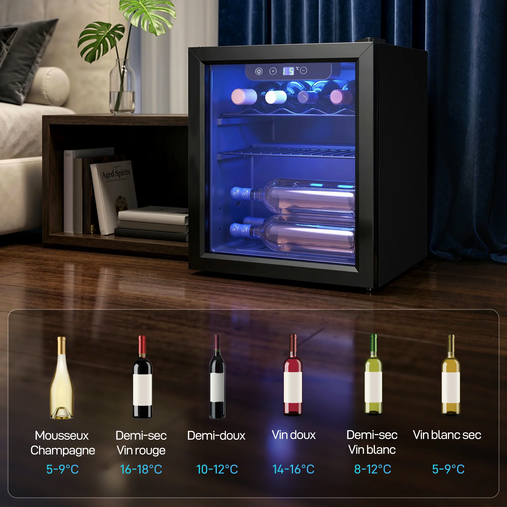 Cave à vin 12 bouteilles 36L, réfrigérateur à vin et boissons avec température réglable 4-16 °C, porte réversible en verre trempé double, éclairage LED et étagère amovible, noir - Image 10