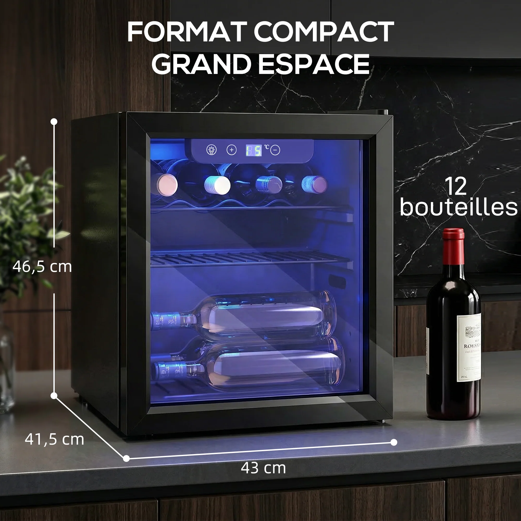 Cave à vin 12 bouteilles 36L, réfrigérateur à vin et boissons avec température réglable 4-16 °C, porte réversible en verre trempé double, éclairage LED et étagère amovible, noir - Image 4