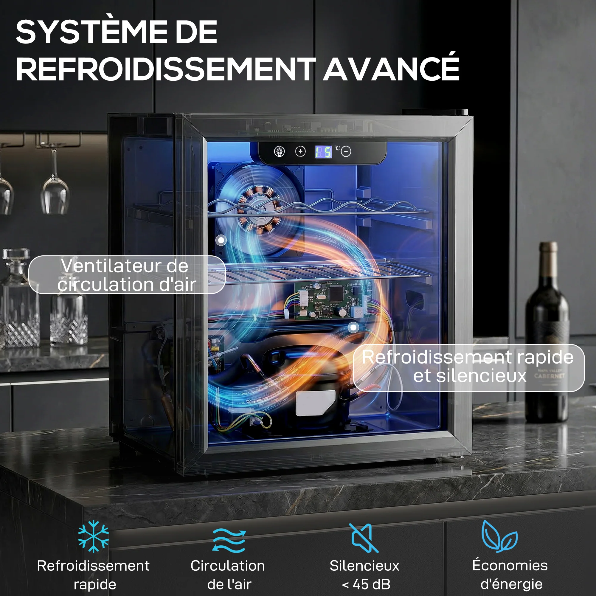Cave à vin 12 bouteilles 36L, réfrigérateur à vin et boissons avec température réglable 4-16 °C, porte réversible en verre trempé double, éclairage LED et étagère amovible, noir - Image 5