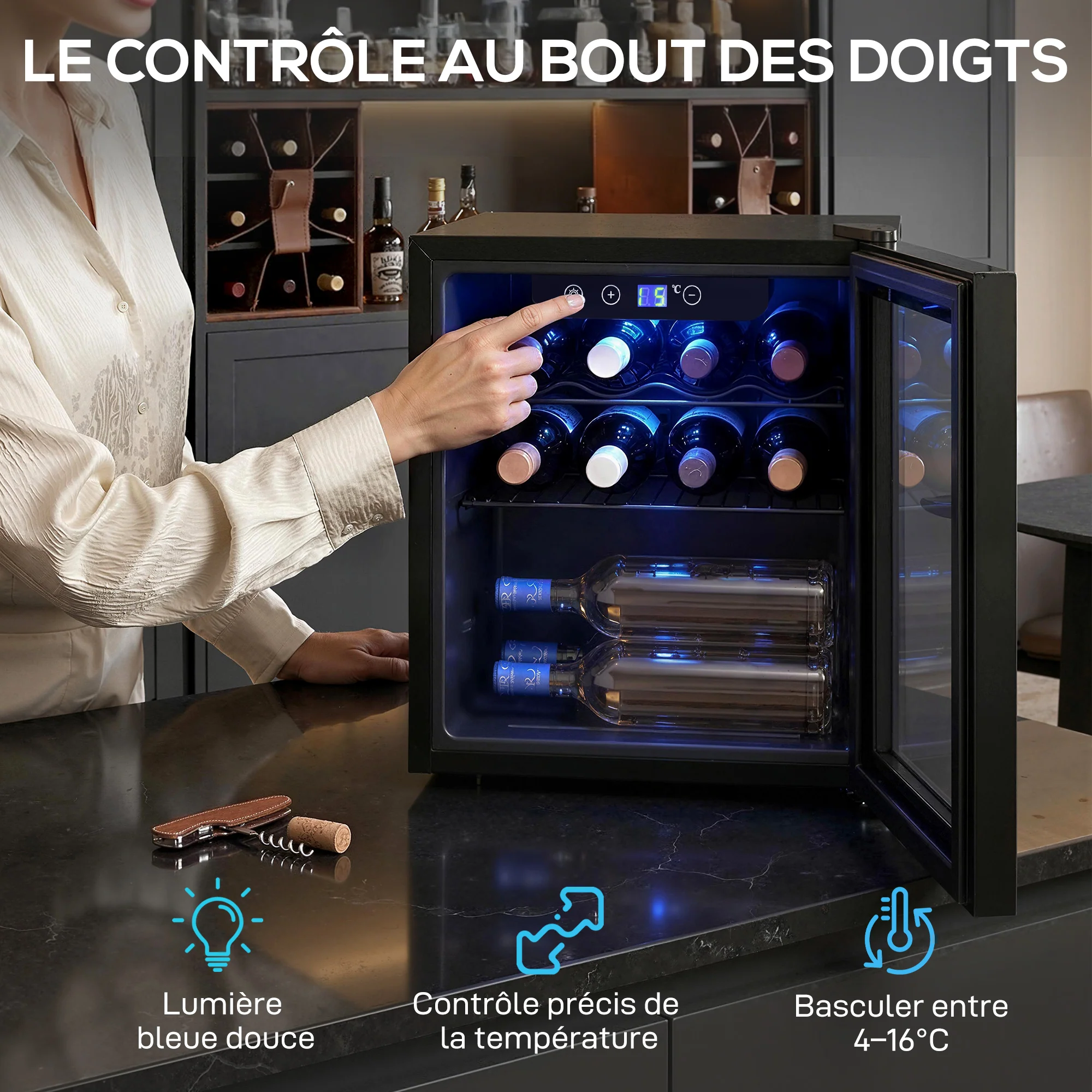 Cave à vin 12 bouteilles 36L, réfrigérateur à vin et boissons avec température réglable 4-16 °C, porte réversible en verre trempé double, éclairage LED et étagère amovible, noir - Image 6