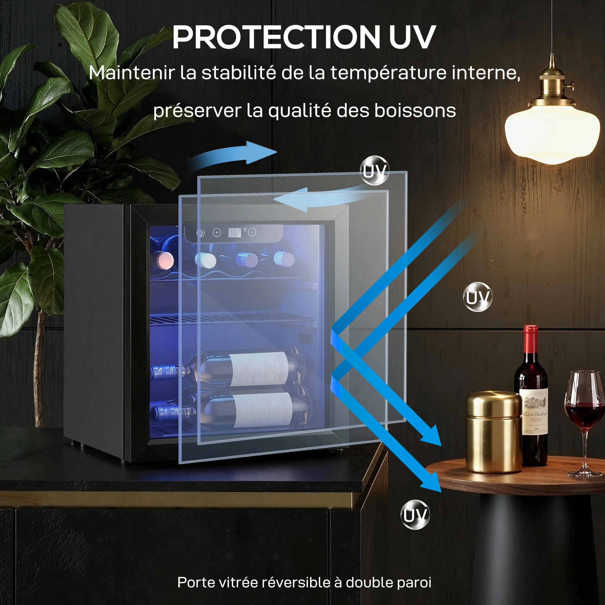 Cave à vin 12 bouteilles 36L, réfrigérateur à vin et boissons avec température réglable 4-16 °C, porte réversible en verre trempé double, éclairage LED et étagère amovible, noir - Image 9