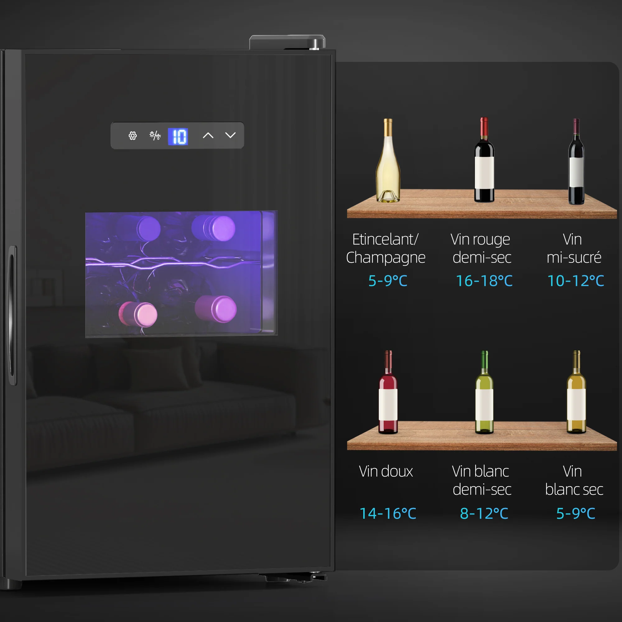 Cave à vin 15 bouteilles 39L réfrigérateur à vin thermoélectrique et silencieux - porte en verre, éclairage LED, écran tactile numérique, frigo vin contrôle de température 8-18°C, noir - Image 10