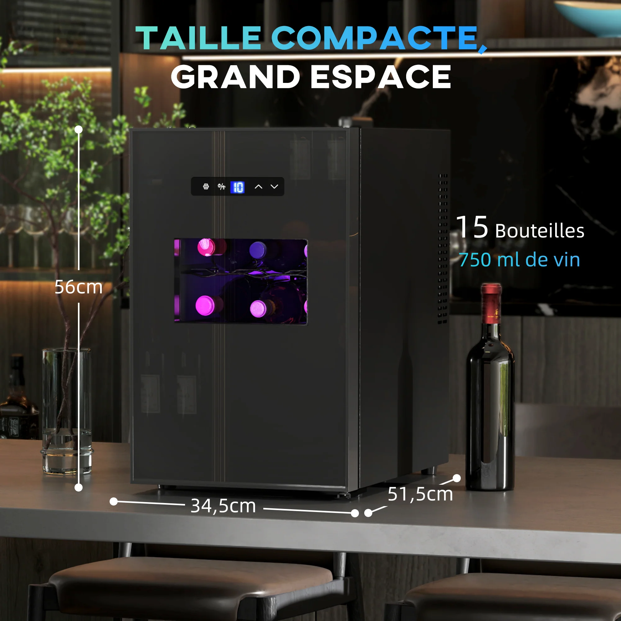 Cave à vin 15 bouteilles 39L réfrigérateur à vin thermoélectrique et silencieux - porte en verre, éclairage LED, écran tactile numérique, frigo vin contrôle de température 8-18°C, noir - Image 4