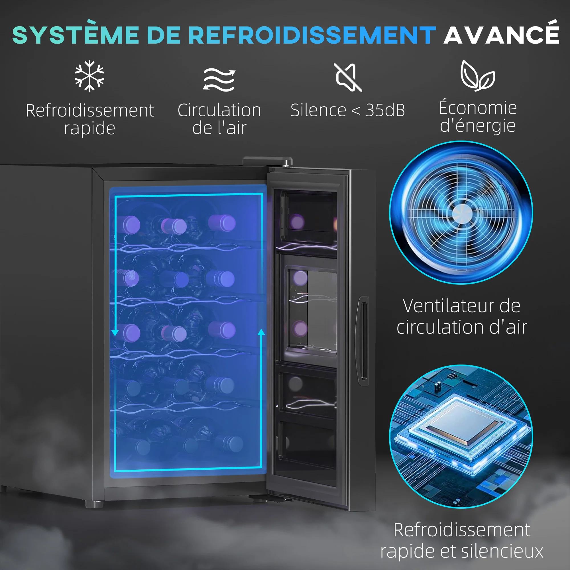 Cave à vin 15 bouteilles 39L réfrigérateur à vin thermoélectrique et silencieux - porte en verre, éclairage LED, écran tactile numérique, frigo vin contrôle de température 8-18°C, noir - Image 5