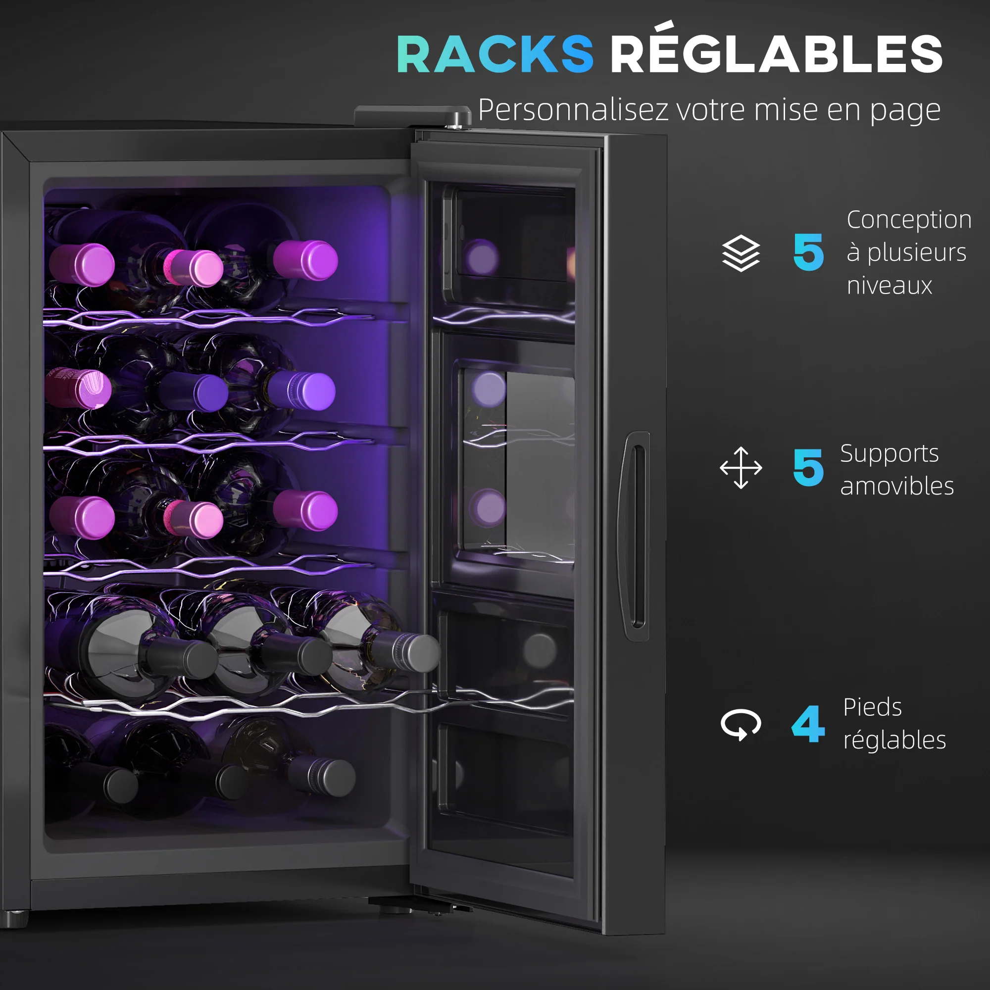 Cave à vin 15 bouteilles 39L réfrigérateur à vin thermoélectrique et silencieux - porte en verre, éclairage LED, écran tactile numérique, frigo vin contrôle de température 8-18°C, noir - Image 7