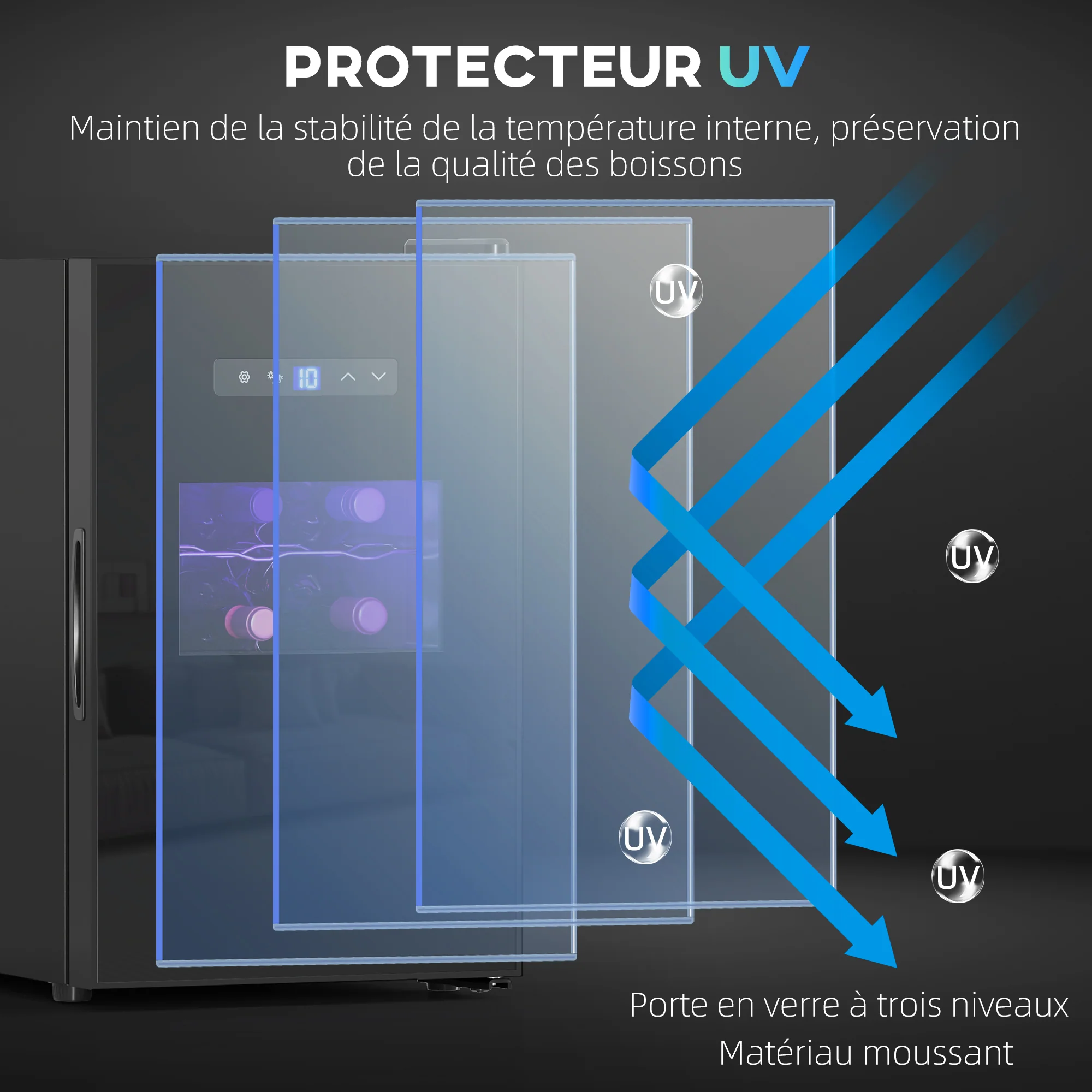 Cave à vin 15 bouteilles 39L réfrigérateur à vin thermoélectrique et silencieux - porte en verre, éclairage LED, écran tactile numérique, frigo vin contrôle de température 8-18°C, noir - Image 9