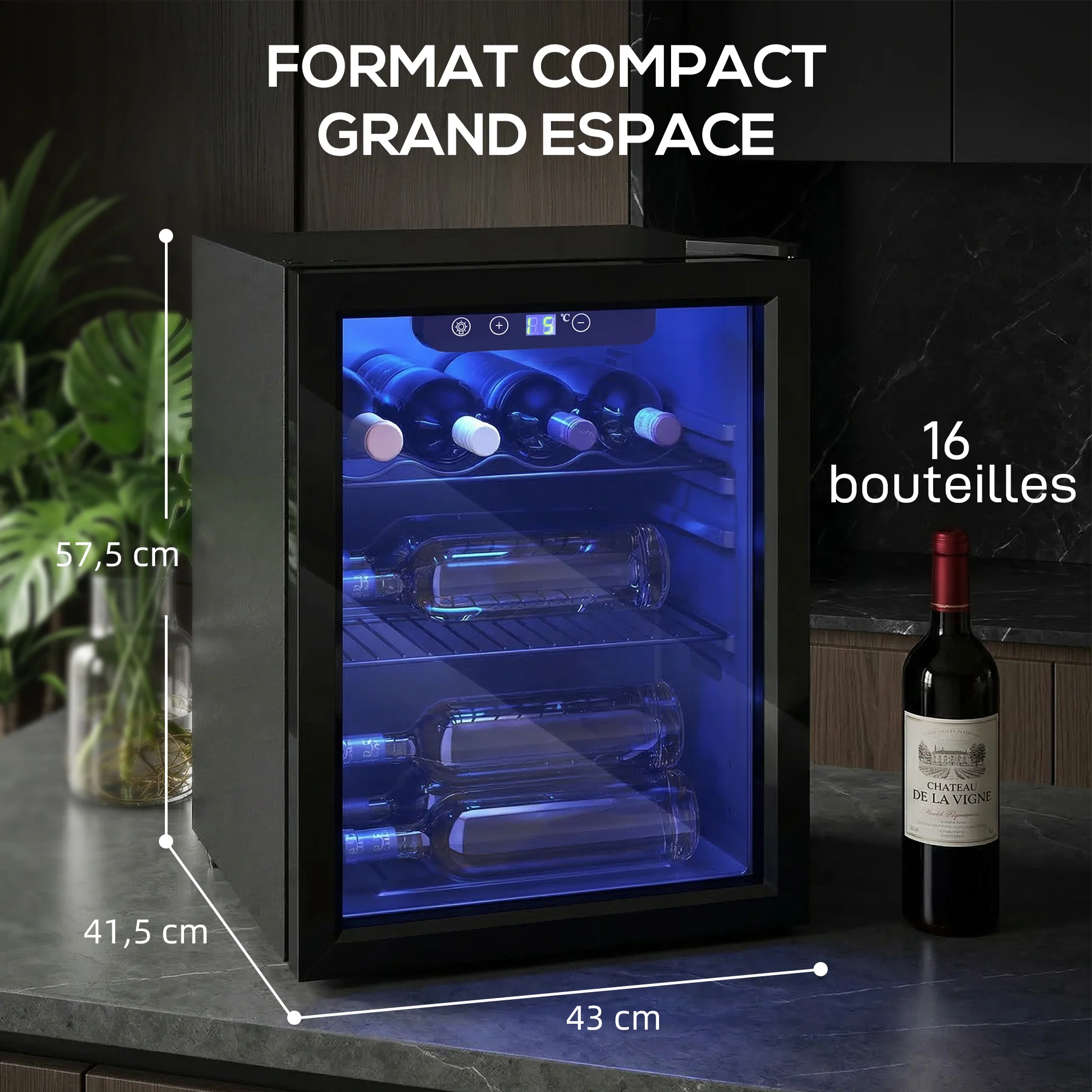 Cave à vin 16 bouteilles 48L, réfrigérateur à vin et boissons avec température réglable 4-16 °C, porte réversible en verre trempé double, éclairage LED et étagère amovible, noir - Image 4