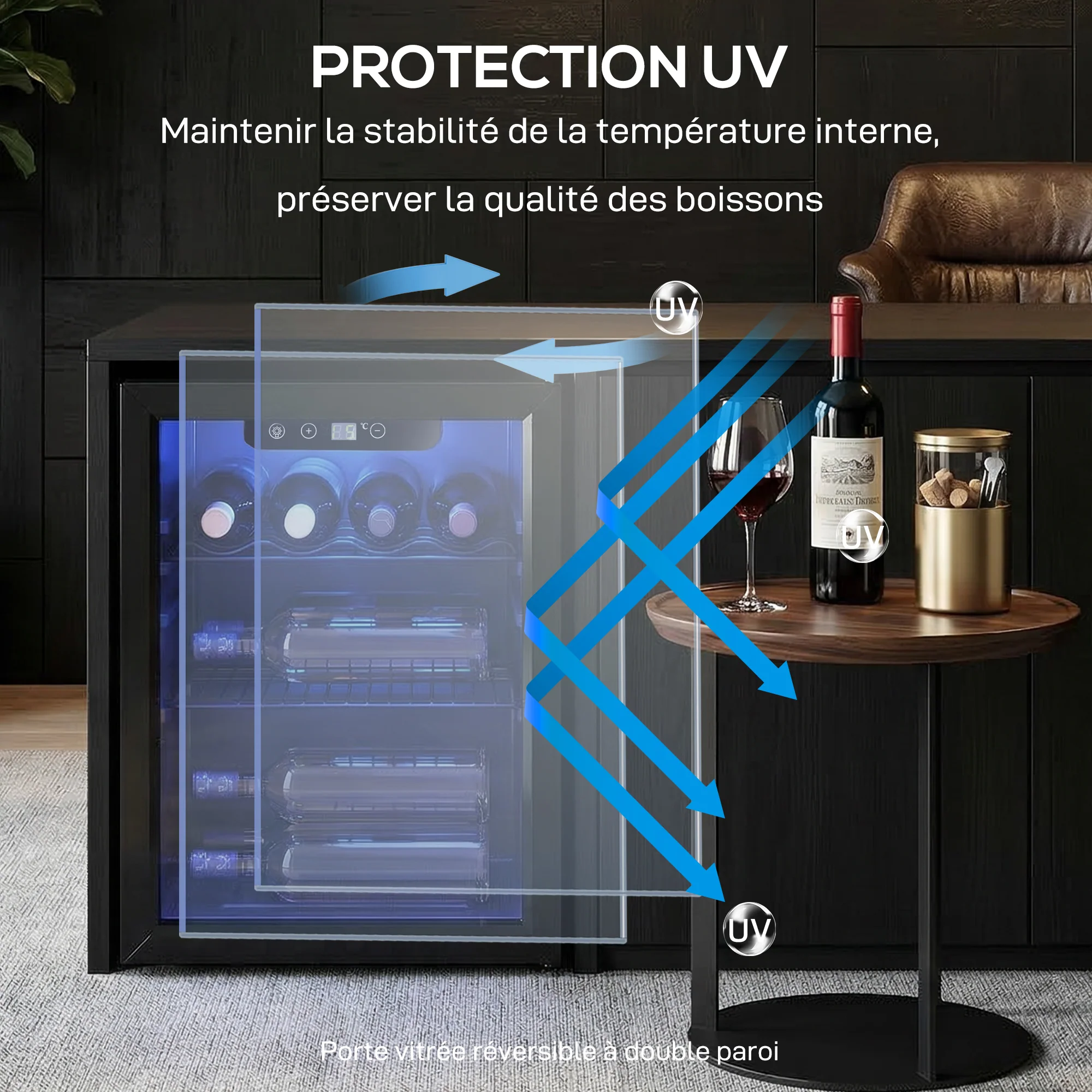Cave à vin 16 bouteilles 48L, réfrigérateur à vin et boissons avec température réglable 4-16 °C, porte réversible en verre trempé double, éclairage LED et étagère amovible, noir - Image 9