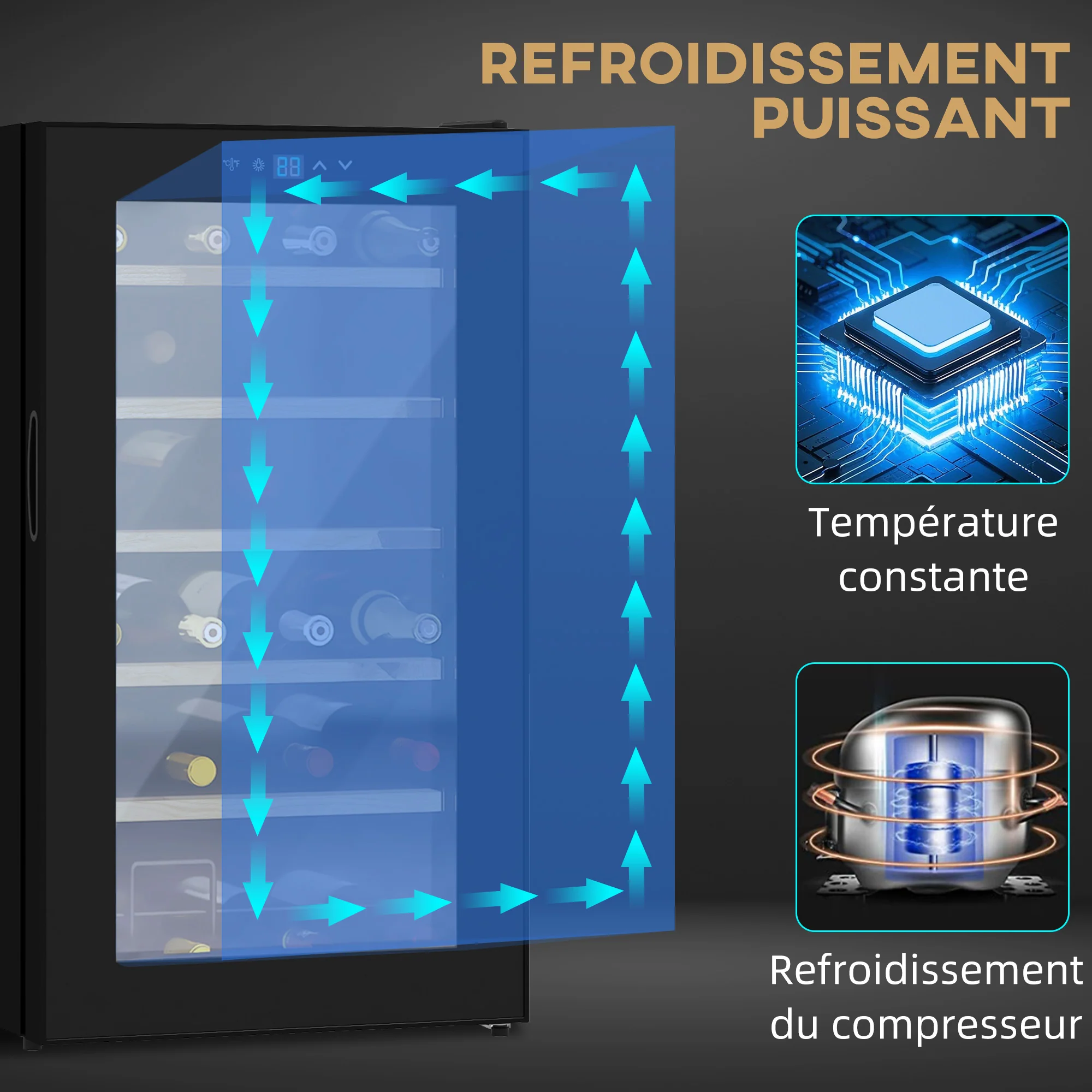 Cave à vin 24 bouteilles 65L, réfrigérateur à vin silencieux température réglable 5-20°, avec éclairage LED, panneau de commande tactile, haute performance 41dB noir - Image 10