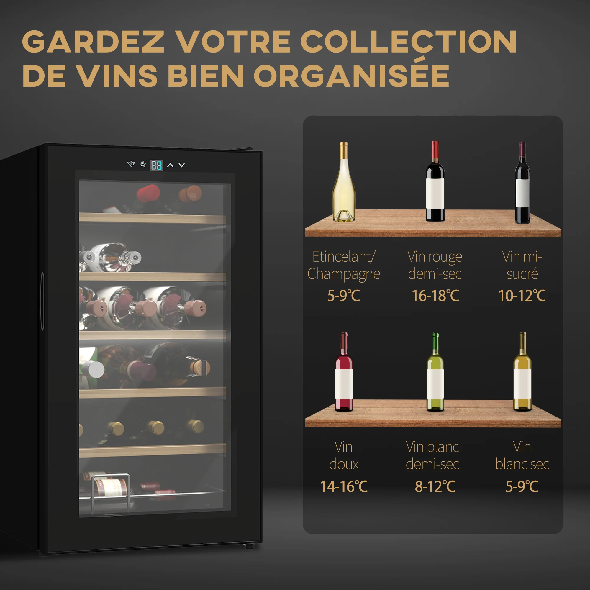 Cave à vin 24 bouteilles 65L, réfrigérateur à vin silencieux température réglable 5-20°, avec éclairage LED, panneau de commande tactile, haute performance 41dB noir - Image 5