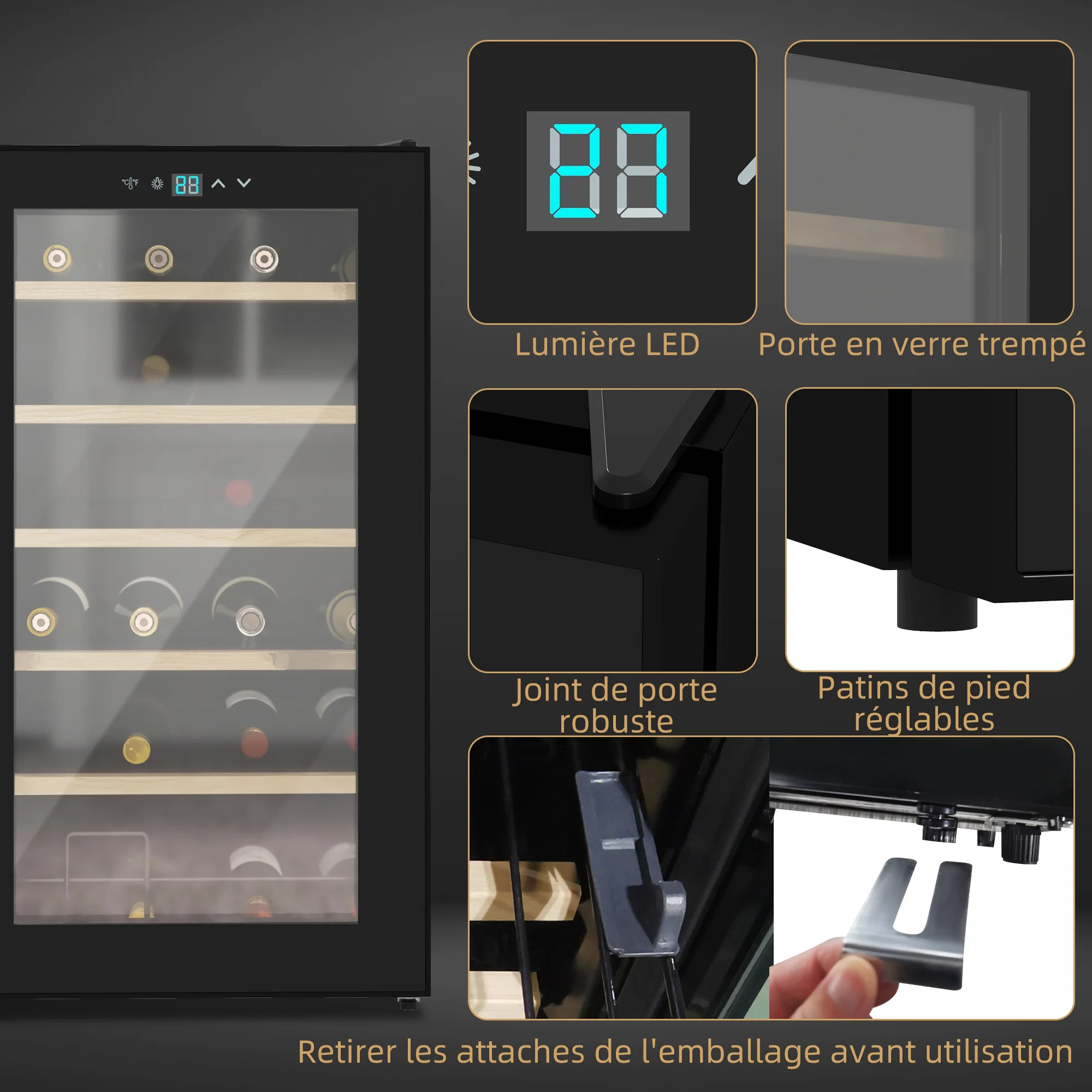 Cave à vin 24 bouteilles 65L, réfrigérateur à vin silencieux température réglable 5-20°, avec éclairage LED, panneau de commande tactile, haute performance 41dB noir - Image 6
