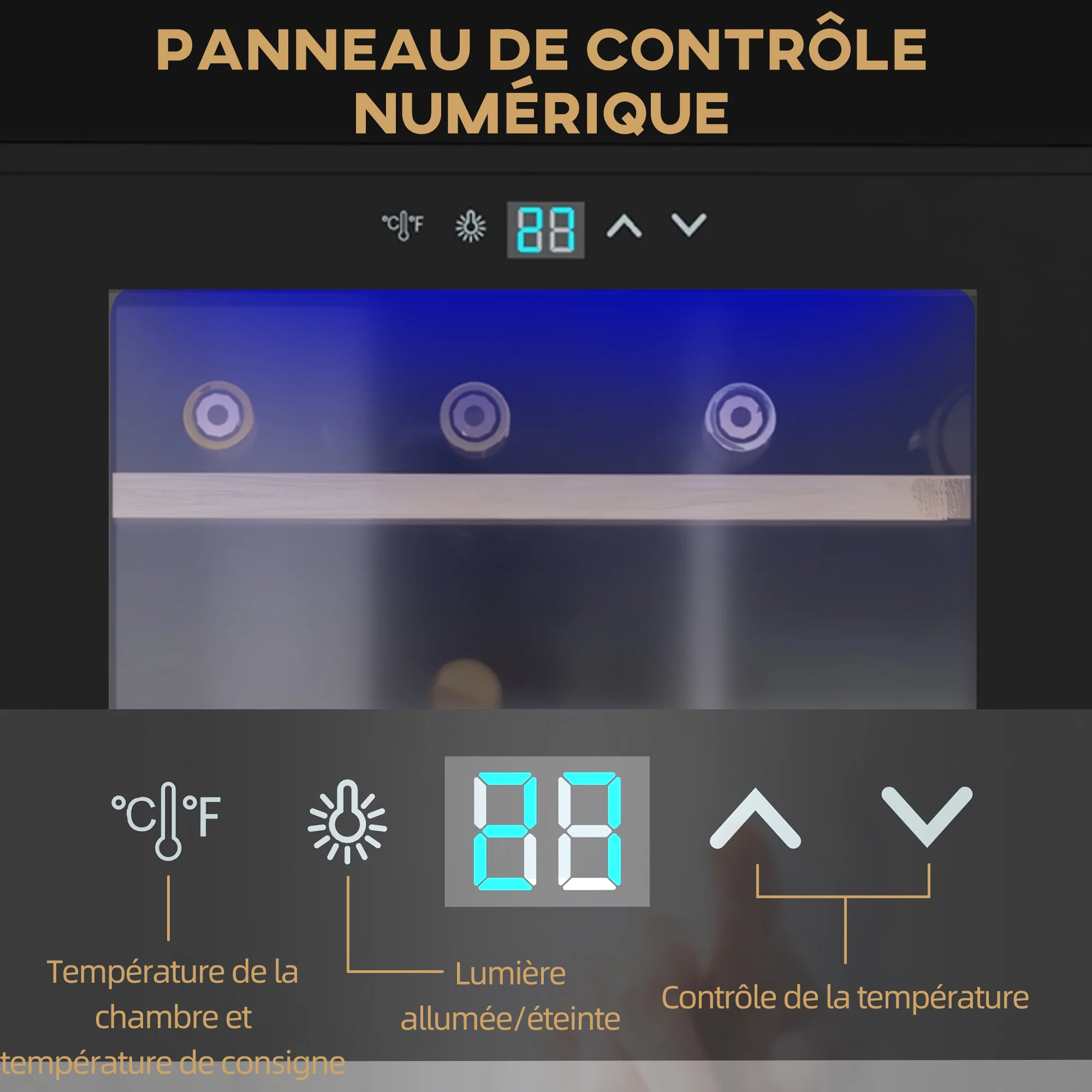 Cave à vin 24 bouteilles 65L, réfrigérateur à vin silencieux température réglable 5-20°, avec éclairage LED, panneau de commande tactile, haute performance 41dB noir - Image 7
