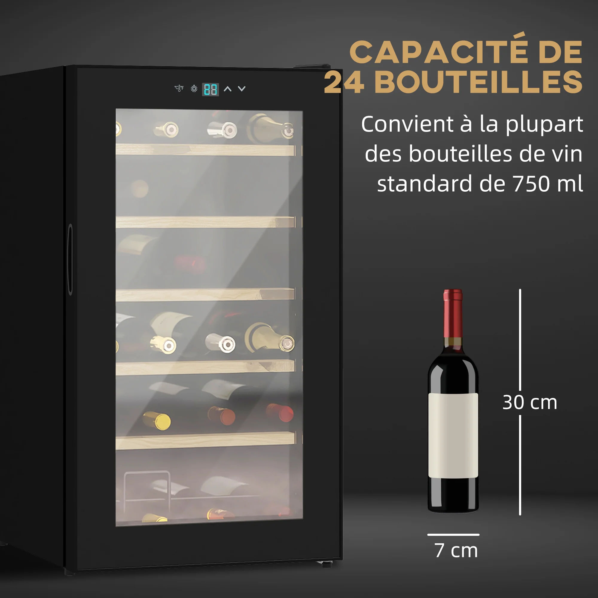 Cave à vin 24 bouteilles 65L, réfrigérateur à vin silencieux température réglable 5-20°, avec éclairage LED, panneau de commande tactile, haute performance 41dB noir - Image 8