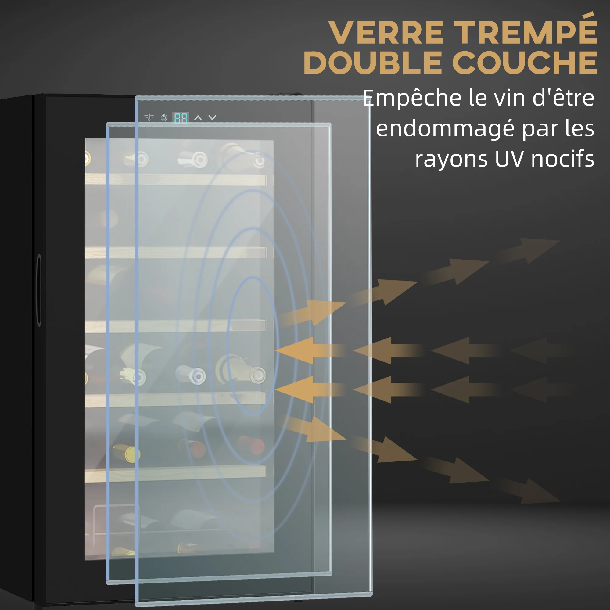Cave à vin 24 bouteilles 65L, réfrigérateur à vin silencieux température réglable 5-20°, avec éclairage LED, panneau de commande tactile, haute performance 41dB noir - Image 9