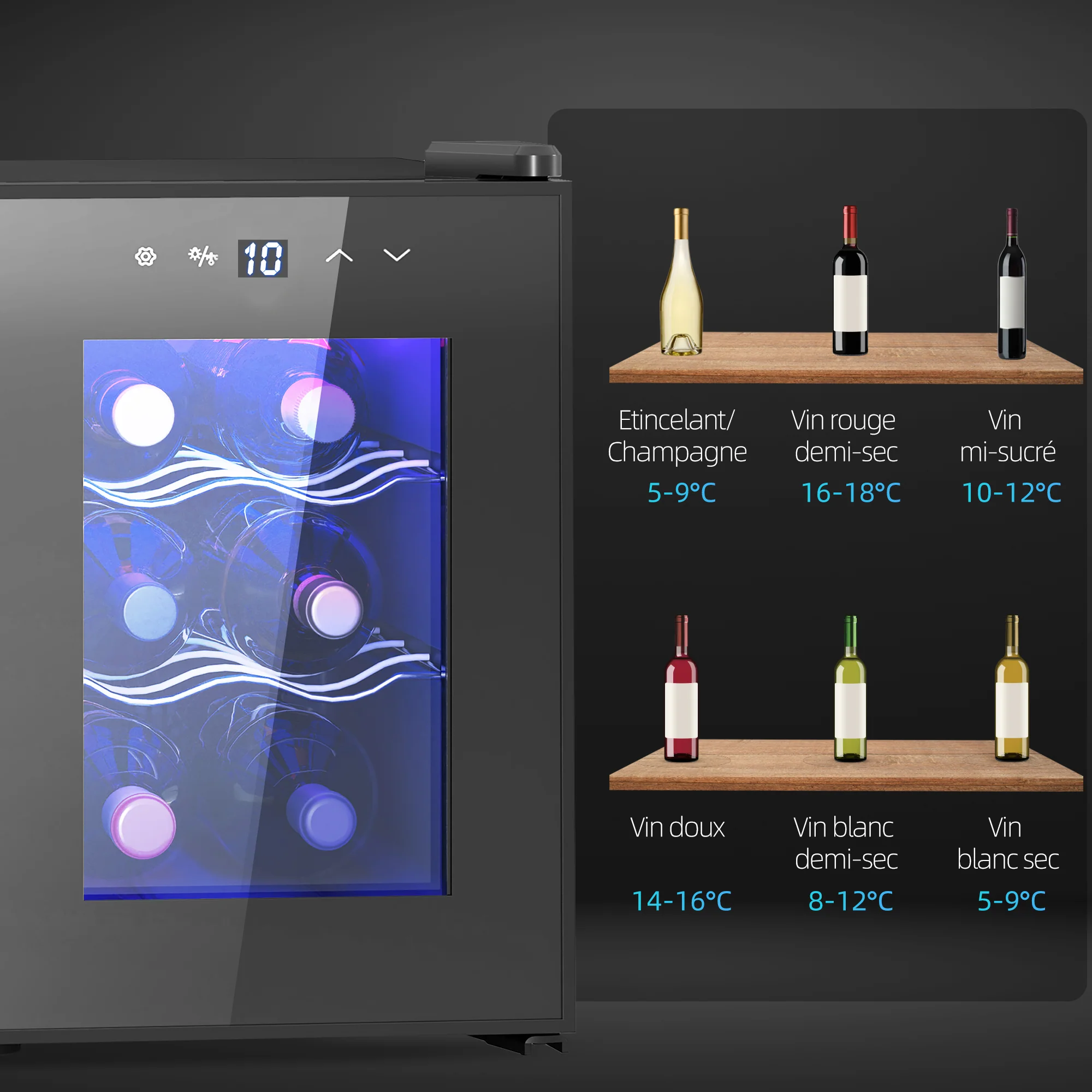 Cave à vin 6 bouteilles 17L réfrigérateur à vin silencieux - porte en verre, éclairage LED, écran tactile numérique, mini cave a vin contrôle de la température 8-18°C protection UV noir - Image 10