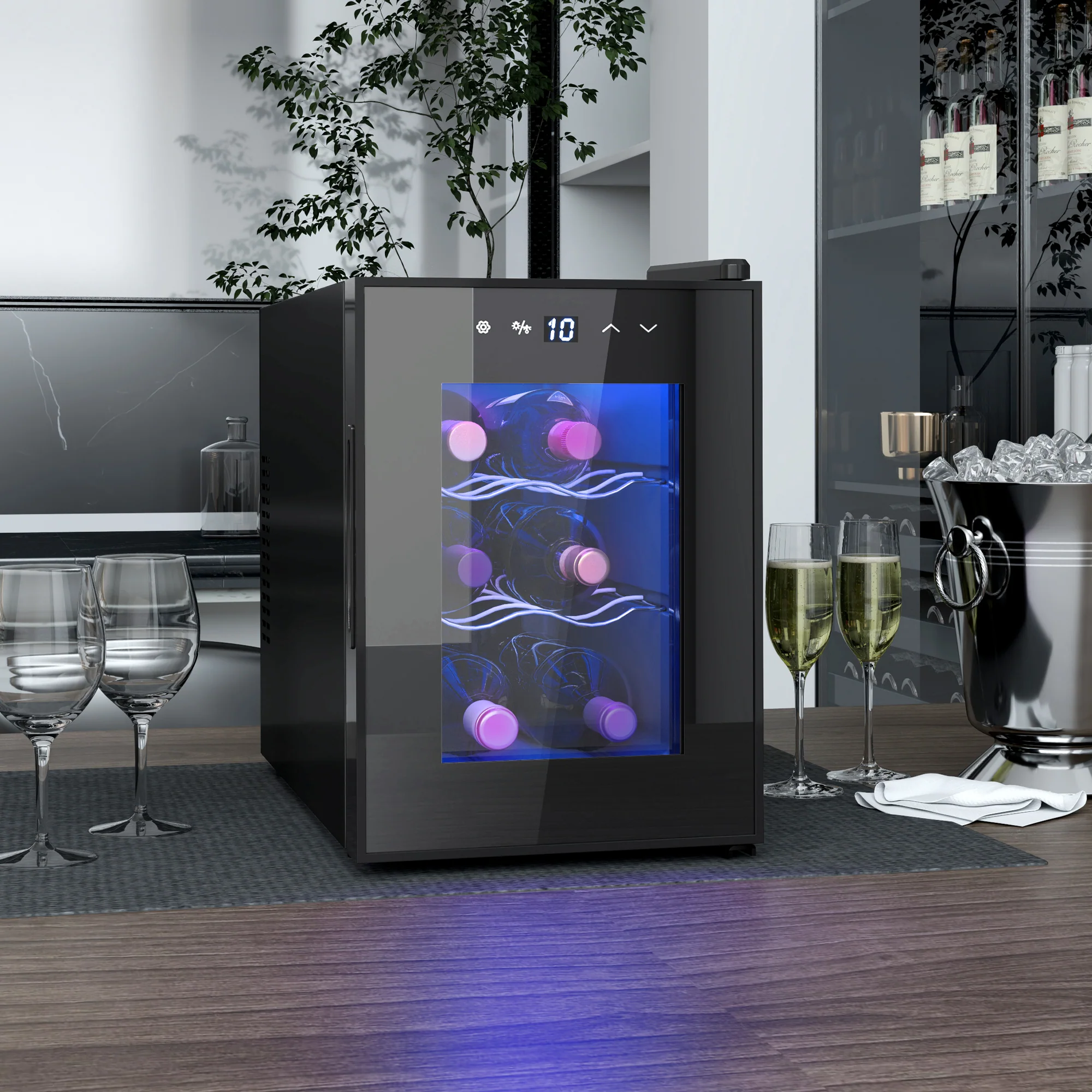 Cave à vin 6 bouteilles 17L réfrigérateur à vin silencieux - porte en verre, éclairage LED, écran tactile numérique, mini cave a vin contrôle de la température 8-18°C protection UV noir - Image 3