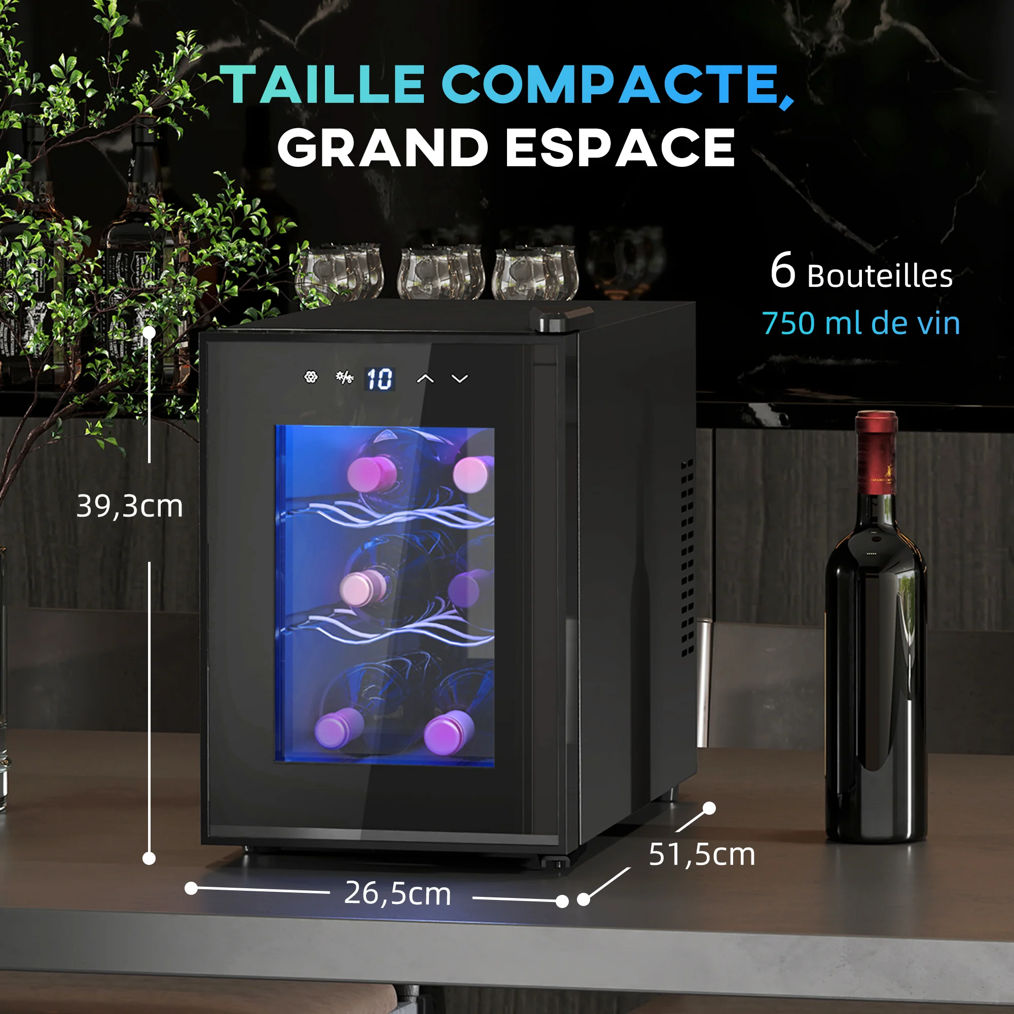 Cave à vin 6 bouteilles 17L réfrigérateur à vin silencieux - porte en verre, éclairage LED, écran tactile numérique, mini cave a vin contrôle de la température 8-18°C protection UV noir - Image 4