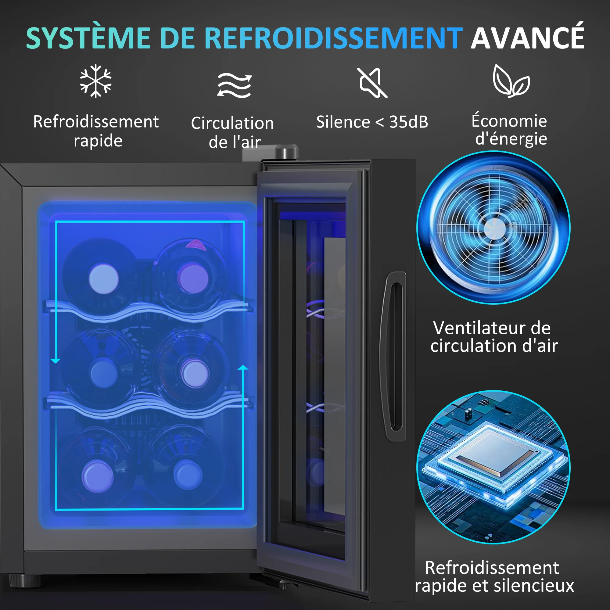 Cave à vin 6 bouteilles 17L réfrigérateur à vin silencieux - porte en verre, éclairage LED, écran tactile numérique, mini cave a vin contrôle de la température 8-18°C protection UV noir - Image 5