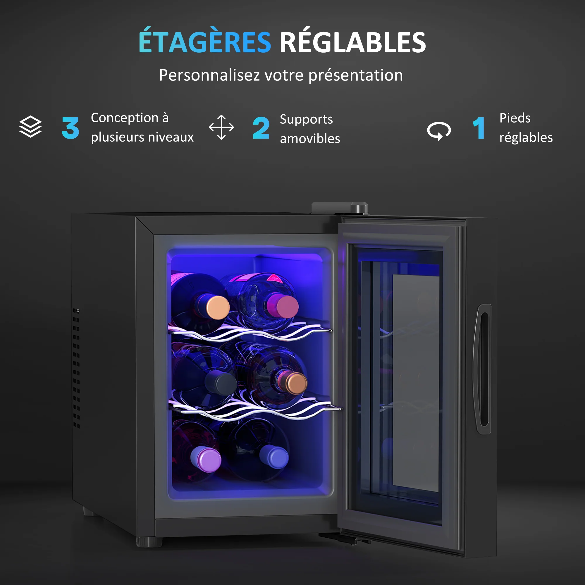 Cave à vin 6 bouteilles 17L réfrigérateur à vin silencieux - porte en verre, éclairage LED, écran tactile numérique, mini cave a vin contrôle de la température 8-18°C protection UV noir - Image 7