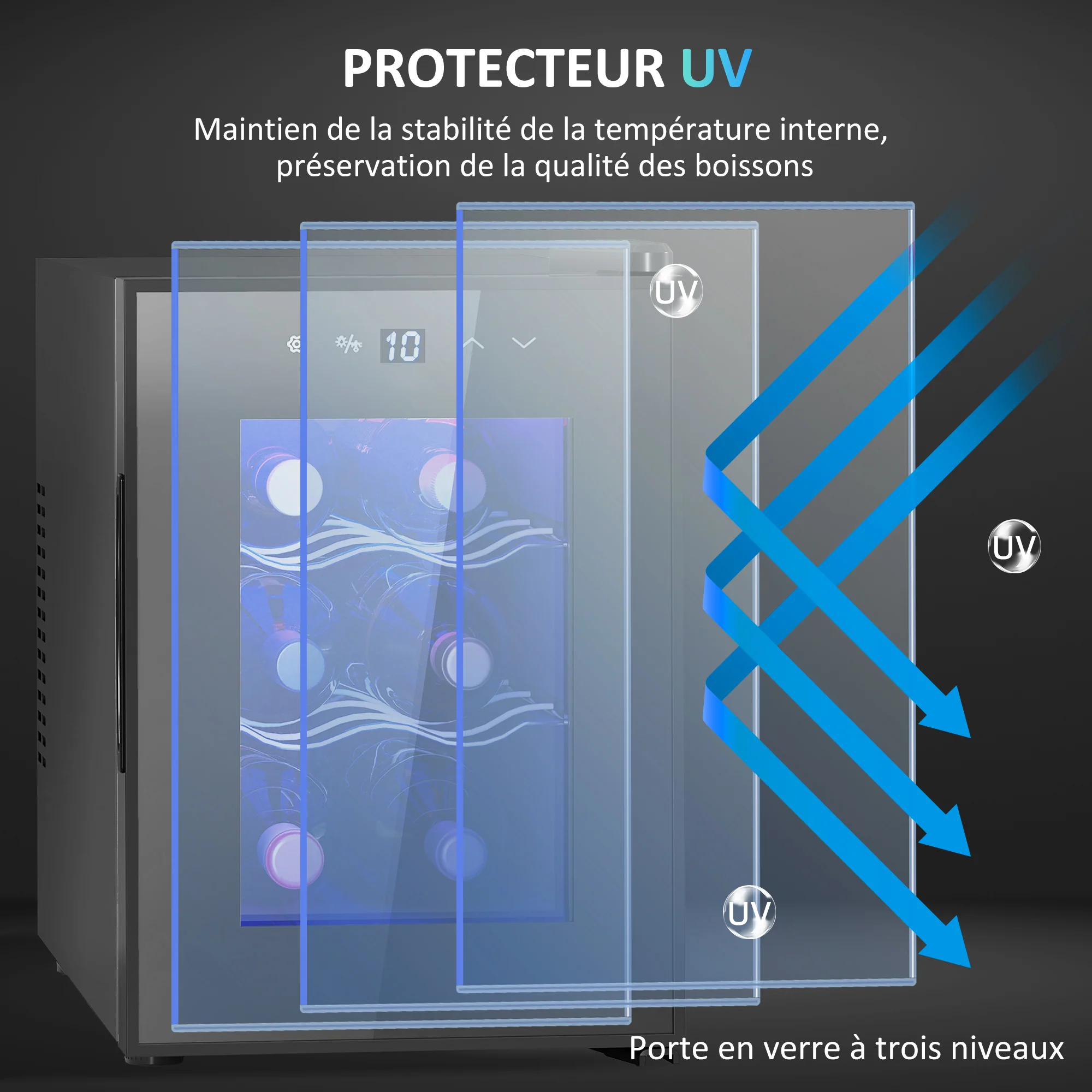 Cave à vin 6 bouteilles 17L réfrigérateur à vin silencieux - porte en verre, éclairage LED, écran tactile numérique, mini cave a vin contrôle de la température 8-18°C protection UV noir - Image 9