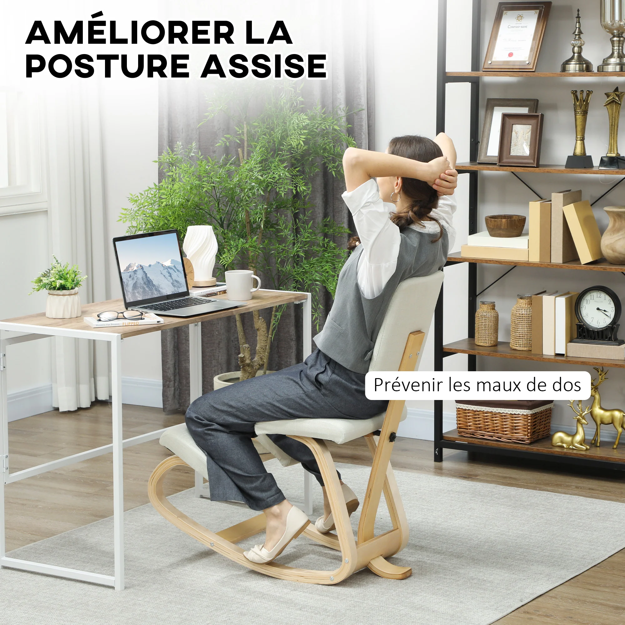 Chaise à genoux ergonomique avec dossier, siège assis genoux à bascule, tabouret ergonomique en bois, tabouret bureau orthopédique, correcteur de posture, soulager les douleurs au dos, crème - Image 5